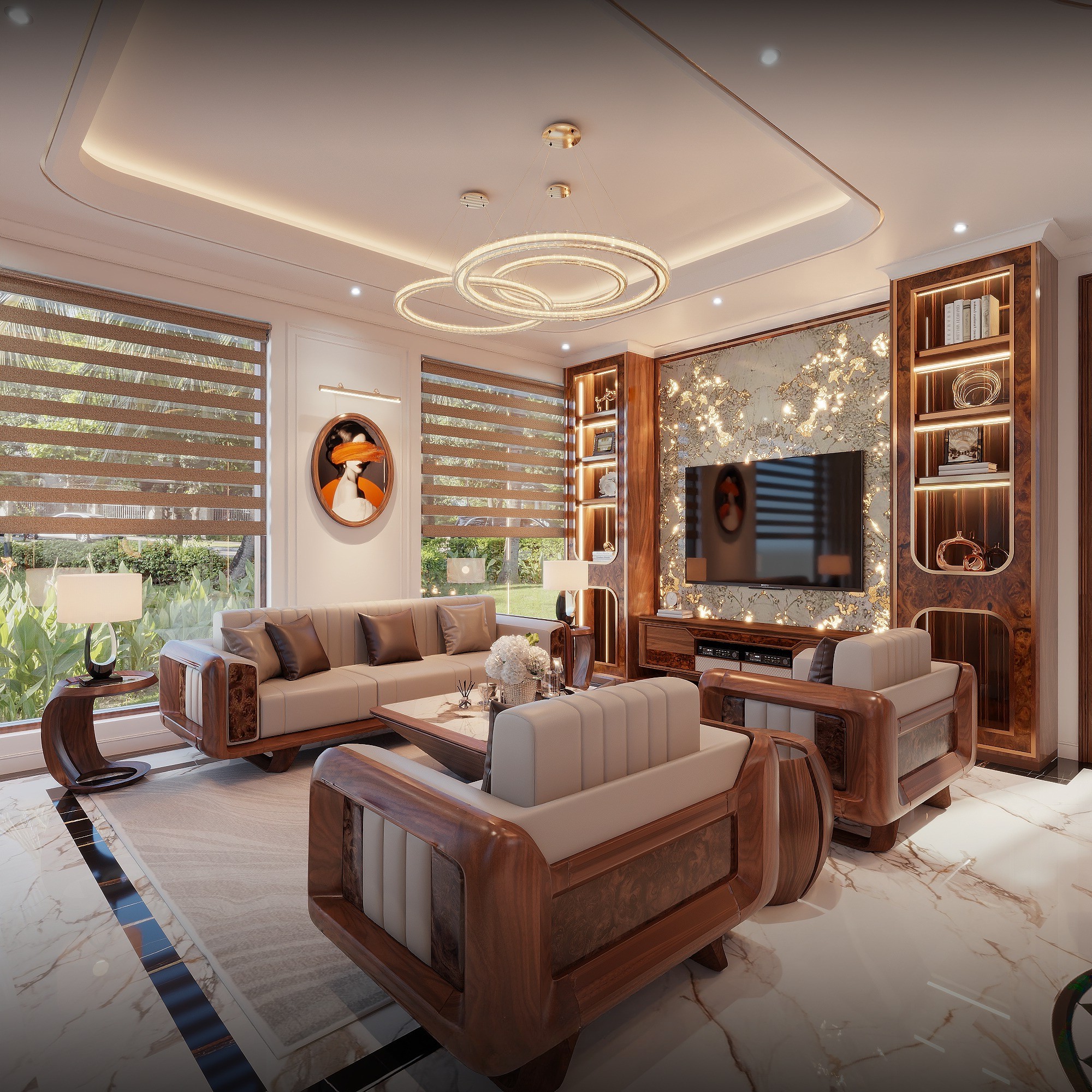 Mẫu nội thất phòng khách hiện đại bố cục sofa đối diện