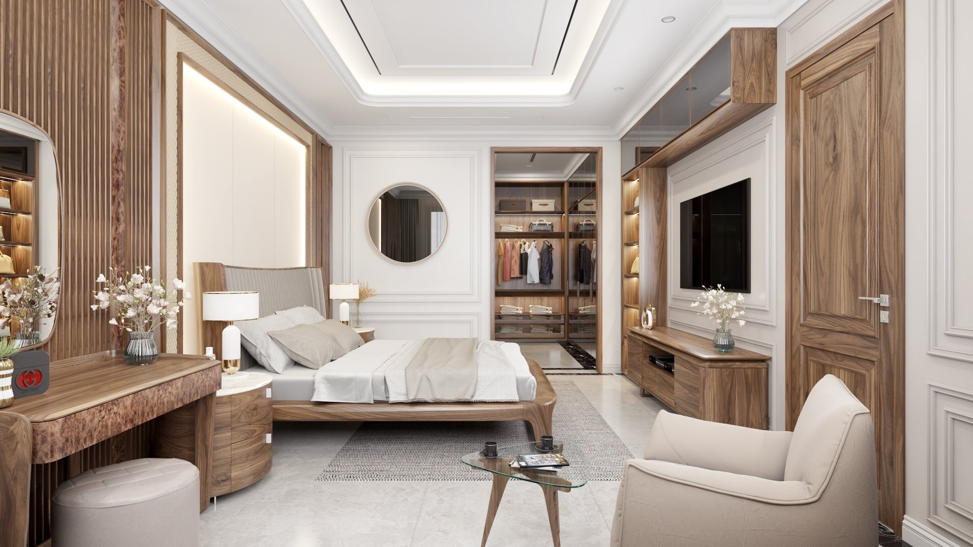 Mẫu nội thất phòng ngủ hiện đại với giường gỗ óc chó, tủ kính chữ L và bàn veneer nu