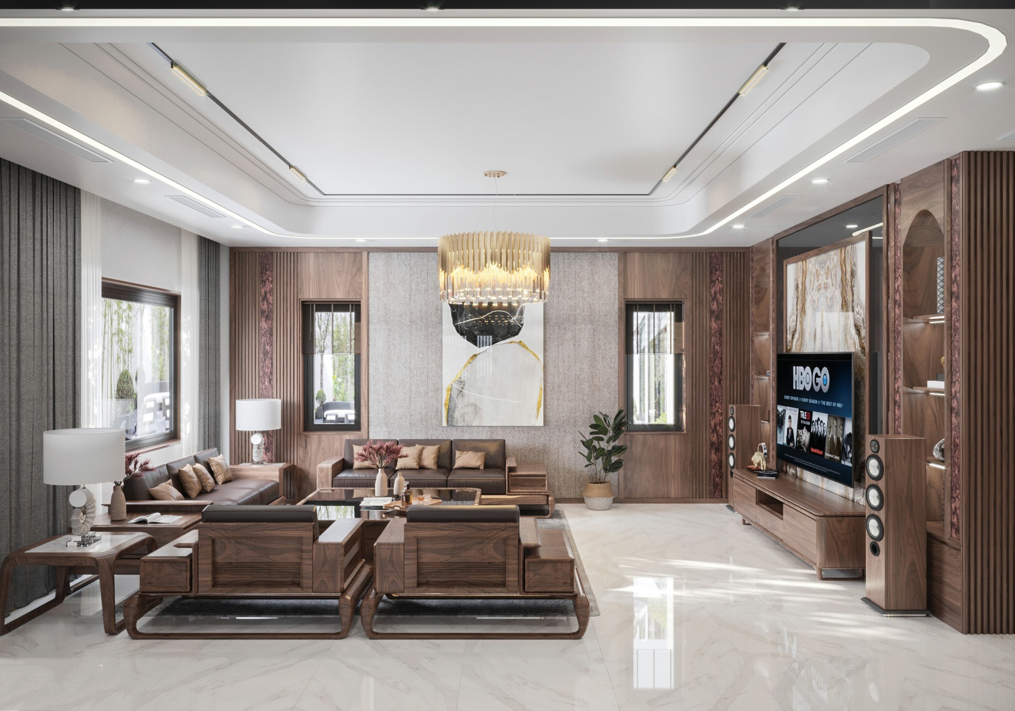 Mẫu phòng khách đẹp hiện đại với bộ bàn ghế gỗ óc chó và kệ tivi chữ I