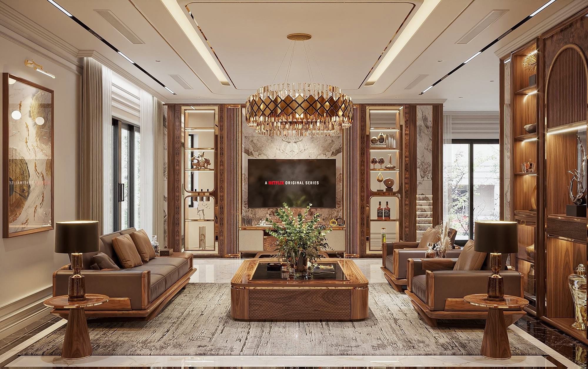 Mẫu phòng khách hiện đại với vách ngăn kệ tivi và nội thất gỗ óc chó