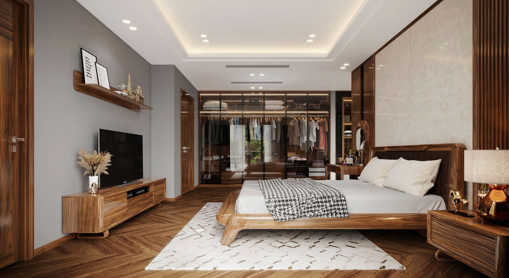 Mẫu phòng ngủ đẹp sang trọng với gỗ óc chó tự nhiên