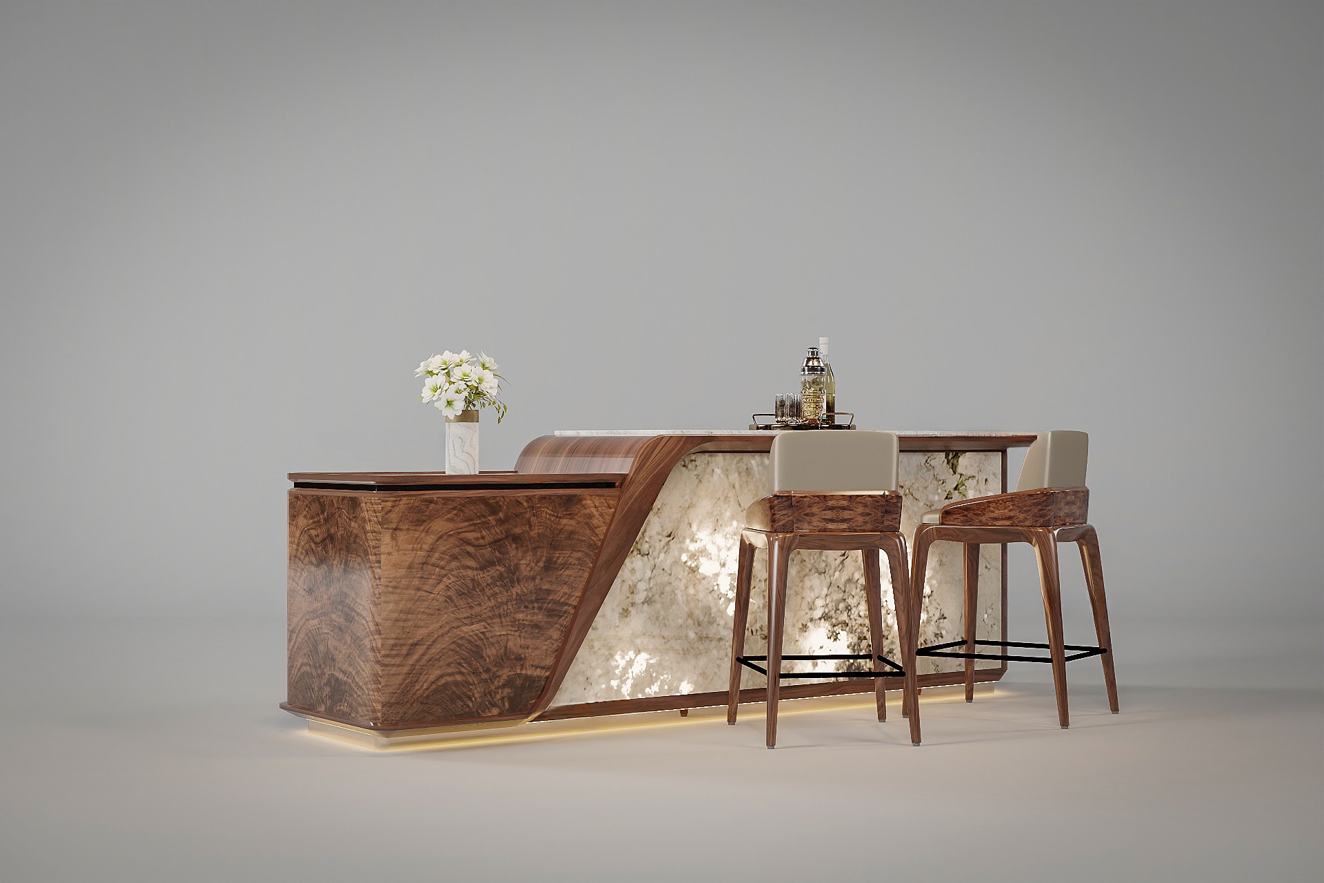 Mẫu quầy bar bếp đẹp veneer óc chó kết hợp đá Onyx xuyên sáng