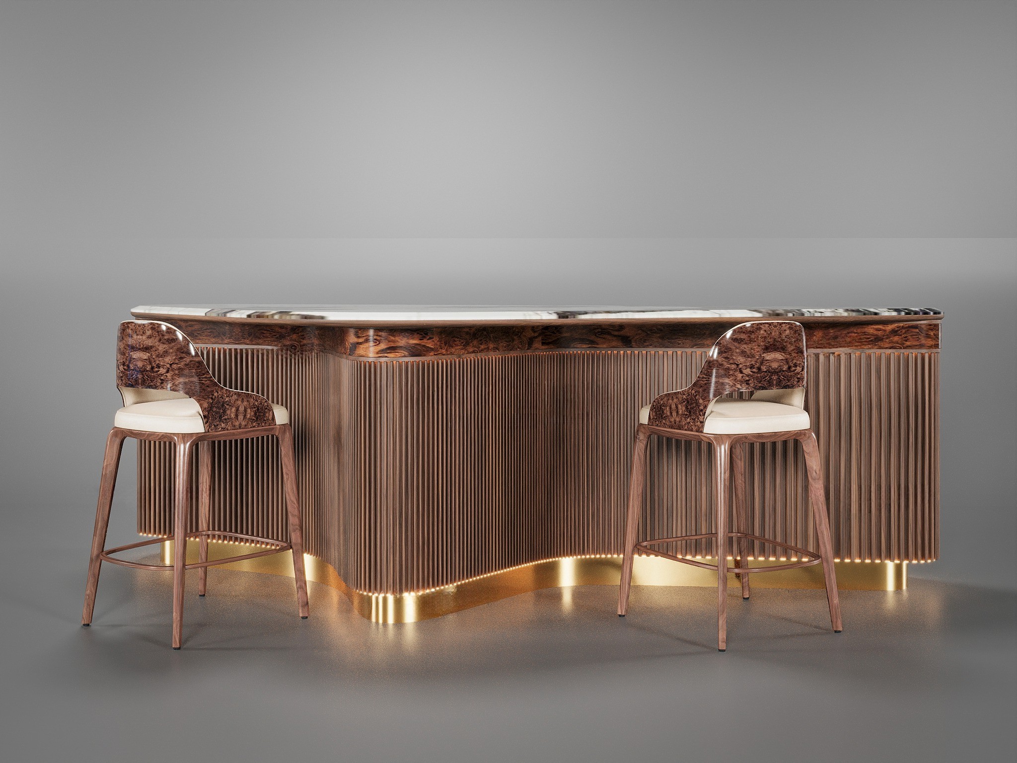 Mẫu quầy bar đẹp veneer óc chó uốn lượn gợn sóng