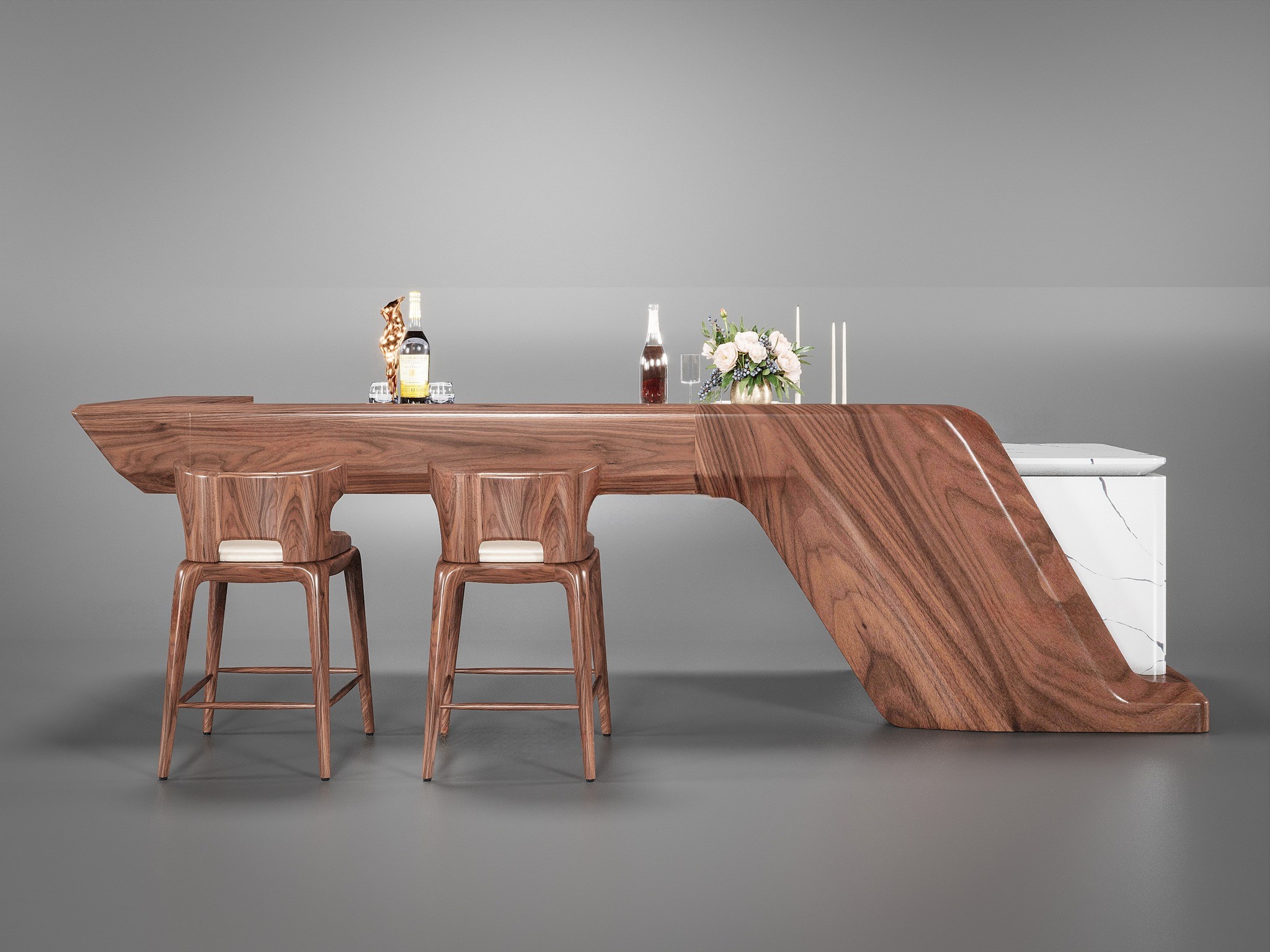 Mẫu quầy bar gỗ tự nhiên gỗ óc chó mặt đá marble