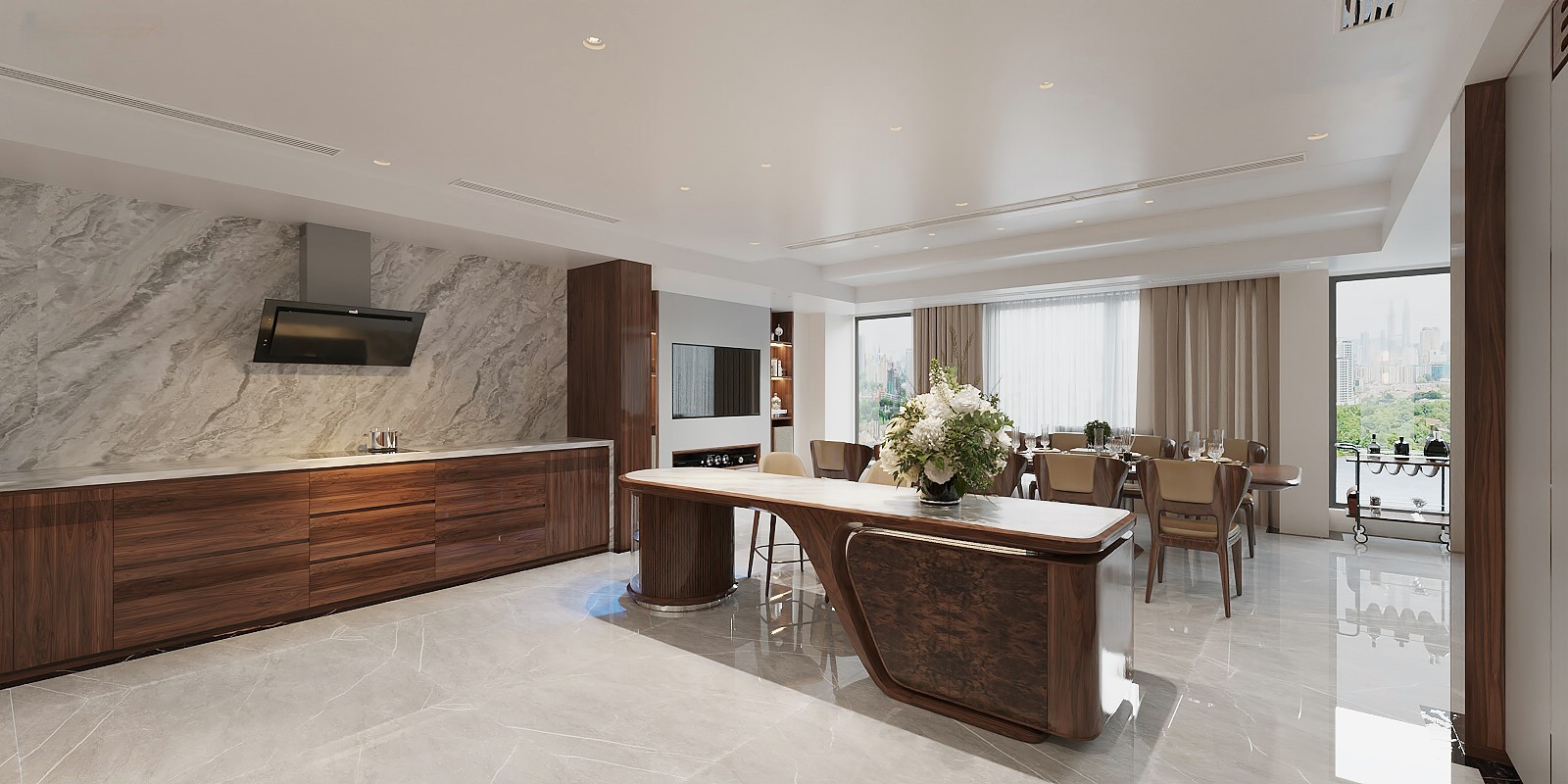 Mẫu quầy bar ngăn bếp và phòng khách gỗ óc chó hiện đại