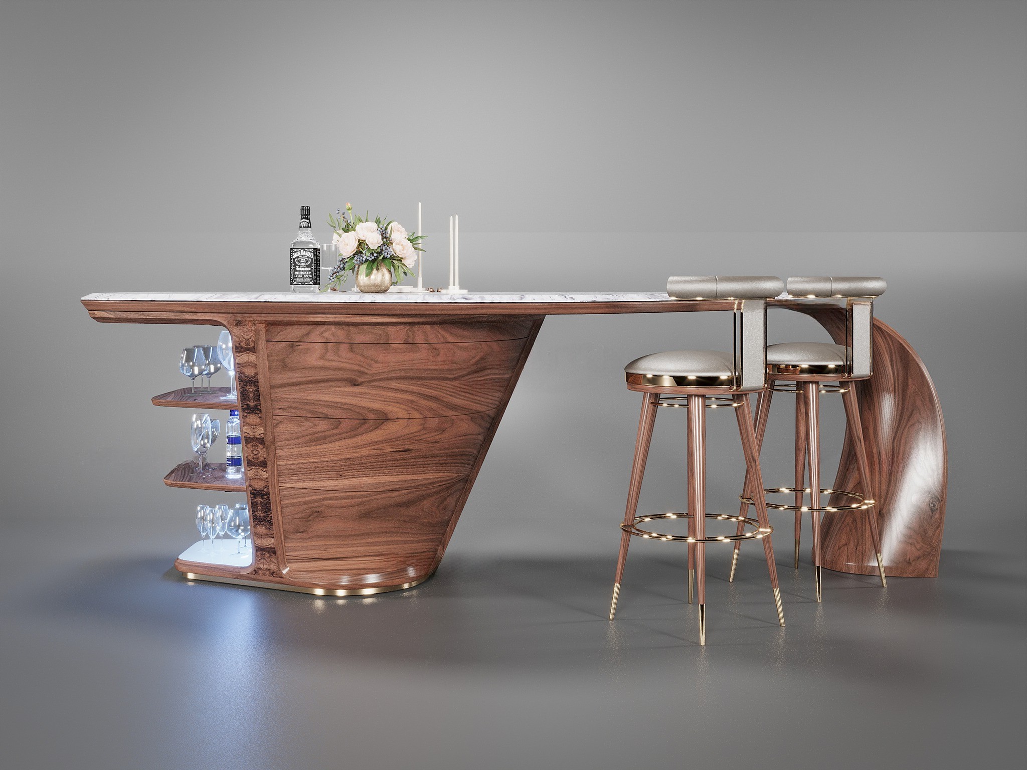 Mẫu quầy bar gỗ óc chó tự nhiên mặt đá marble