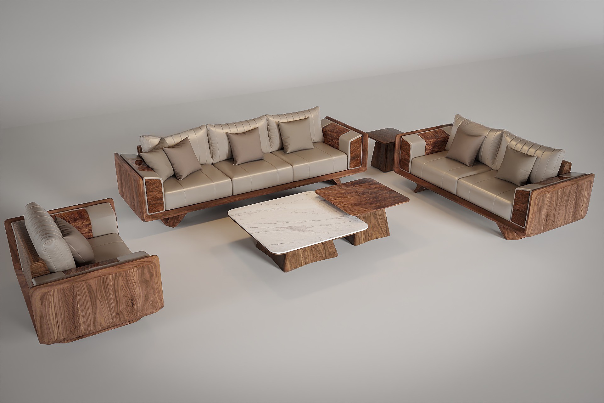 Mẫu sofa gỗ đẹp hiện đại với khung gỗ óc chó hoặc gỗ sồi và bàn trà mặt đá kết hợp gỗ