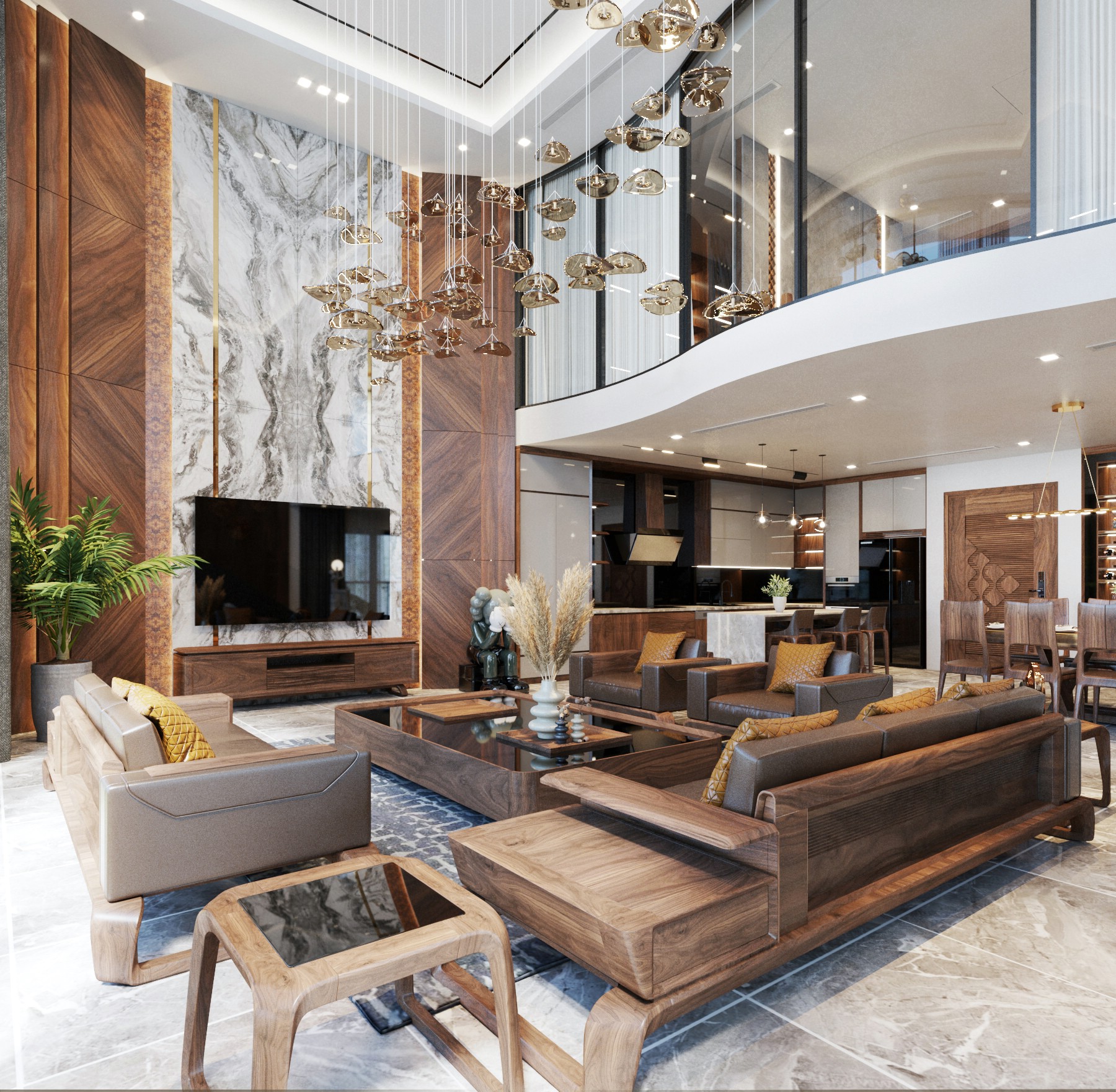 Bộ sofa gỗ óc chó bố trí chữ L với bàn trà kính và ghế đơn cho phòng khách lớn