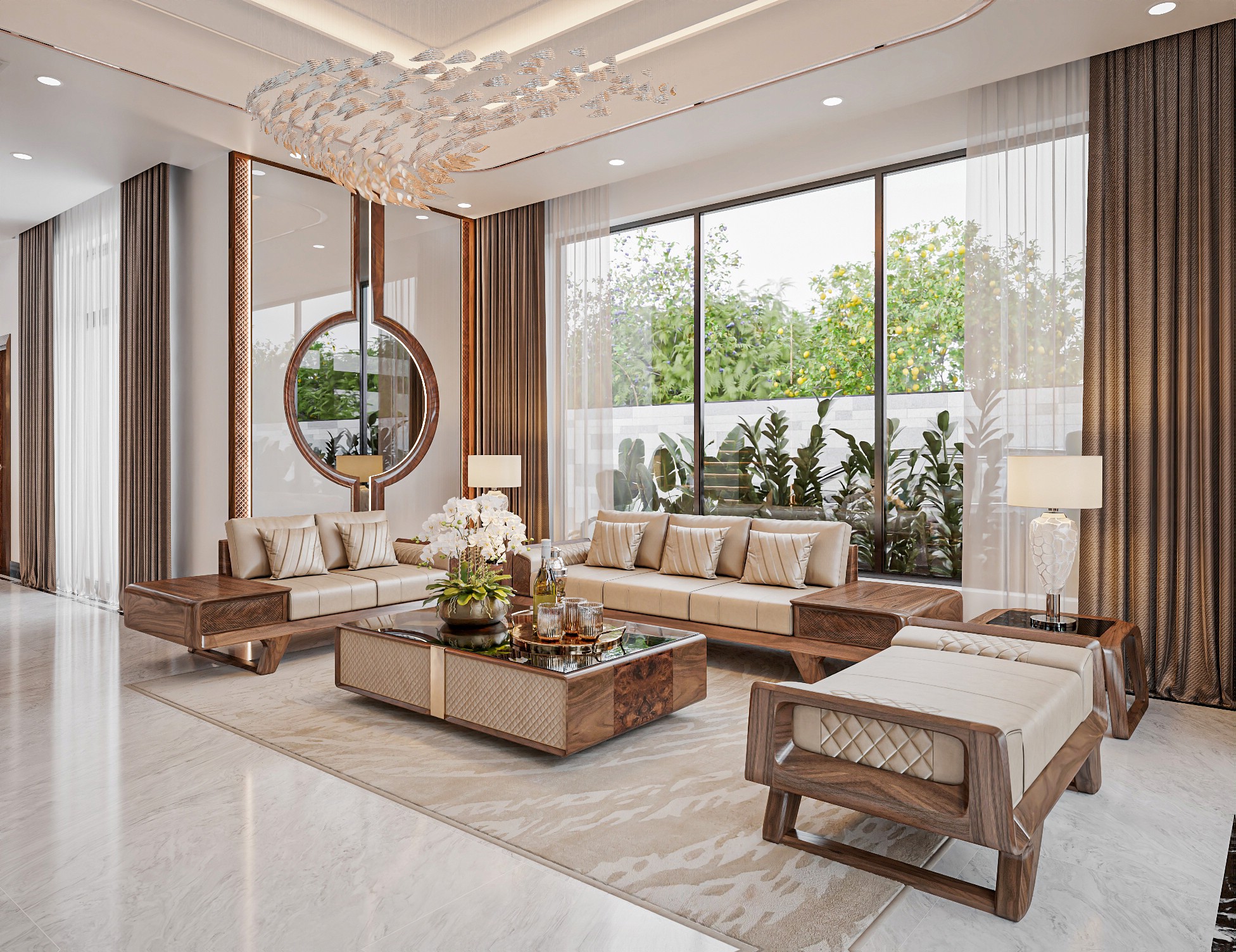 Mẫu sofa gỗ phòng khách hiện đại với bàn trà mặt đá đen và ghế đôn