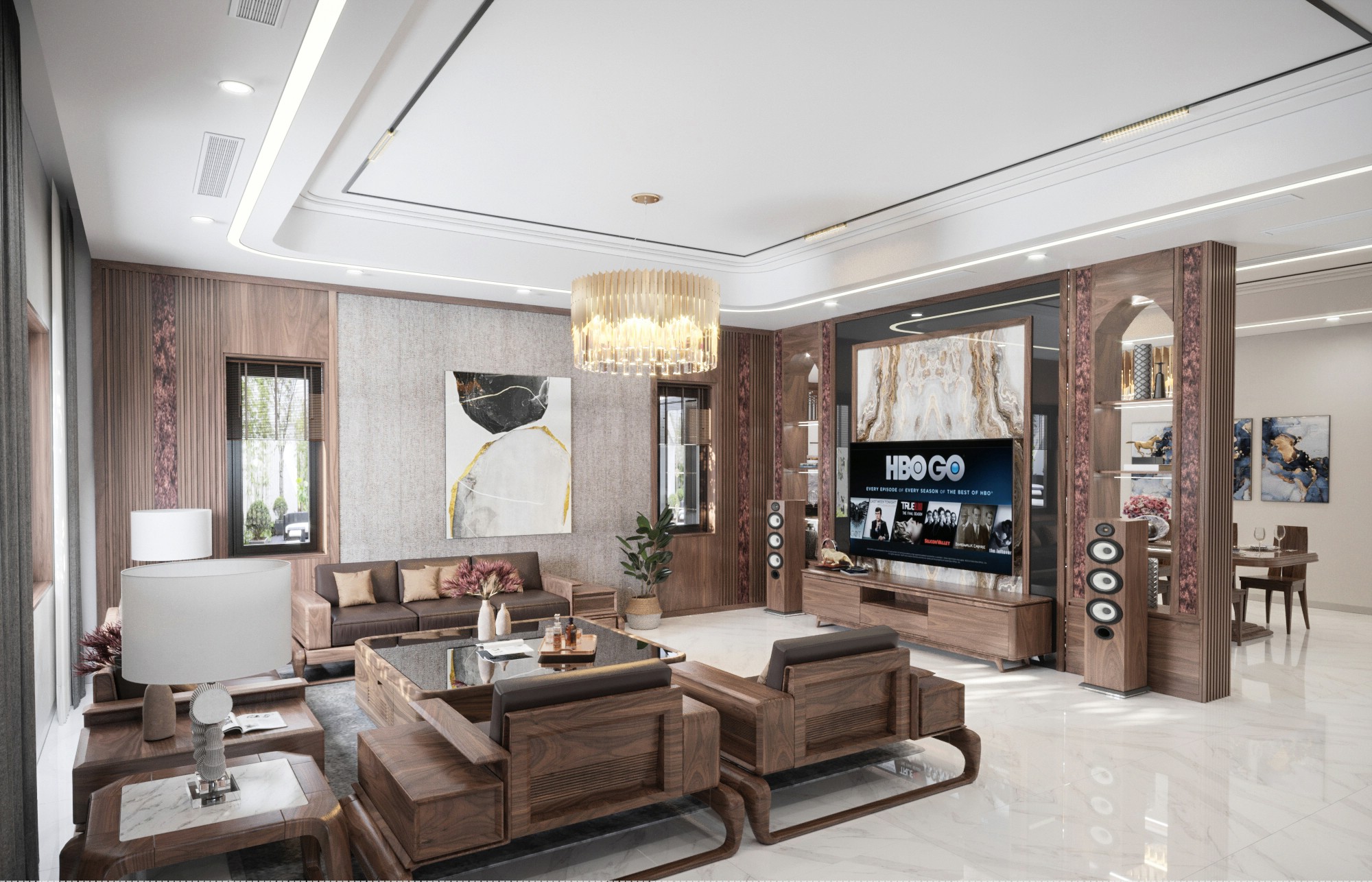 Mẫu thiết kế phòng khách sofa chữ U gỗ óc chó hiện đại