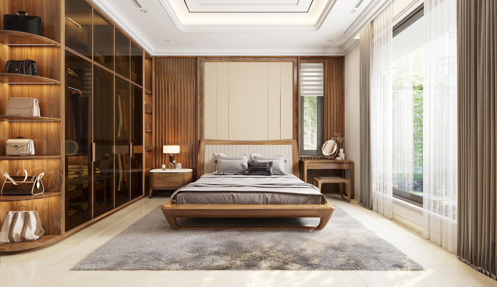 Mẫu thiết kế phòng ngủ đẹp với giường dáng thanh, tủ kính chữ I và vách lam sóng đầu giường