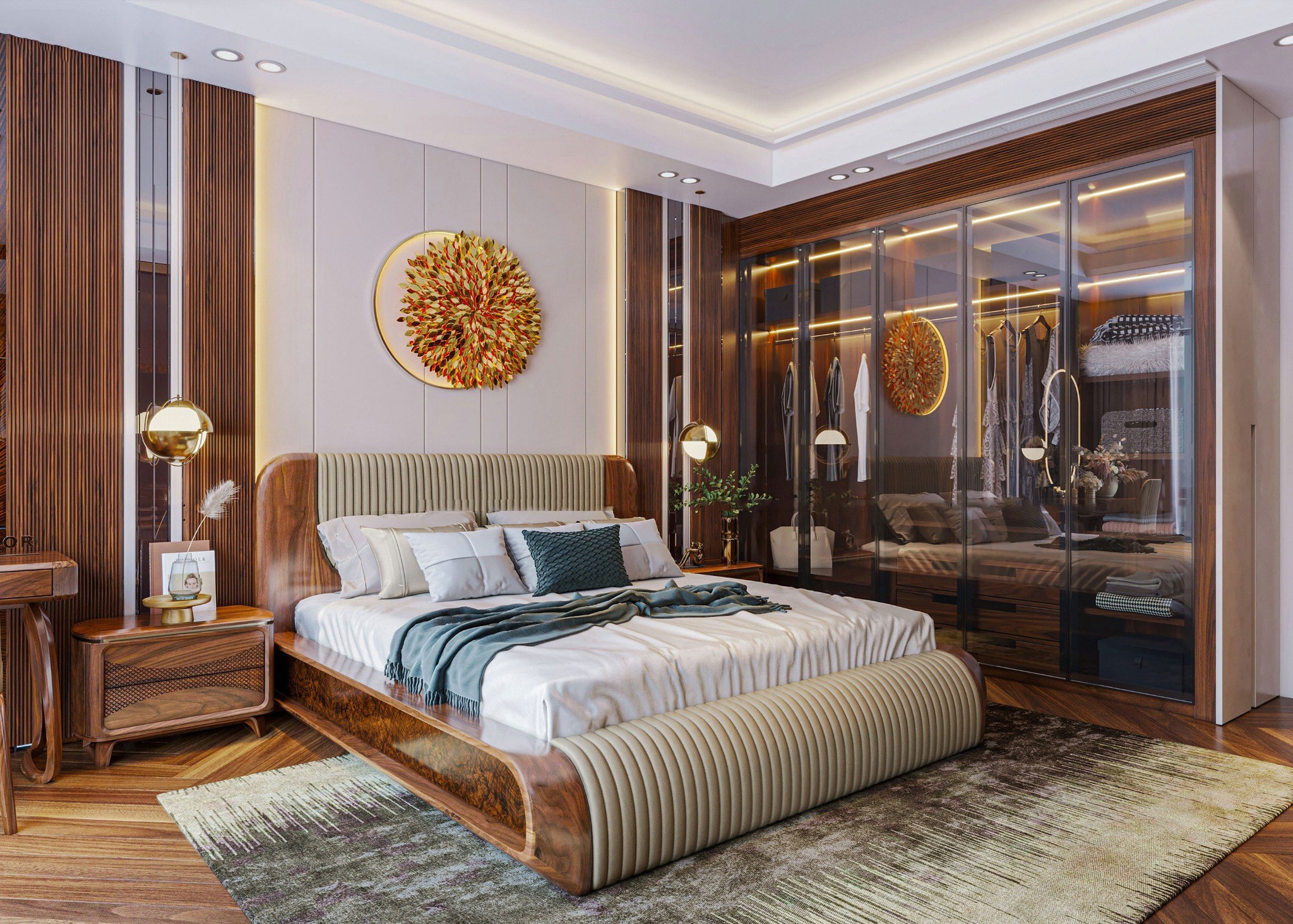 Mẫu thiết kế phòng ngủ hiện đại 20m2 với tủ quần áo kính và giường ngủ bọc da sang trọng