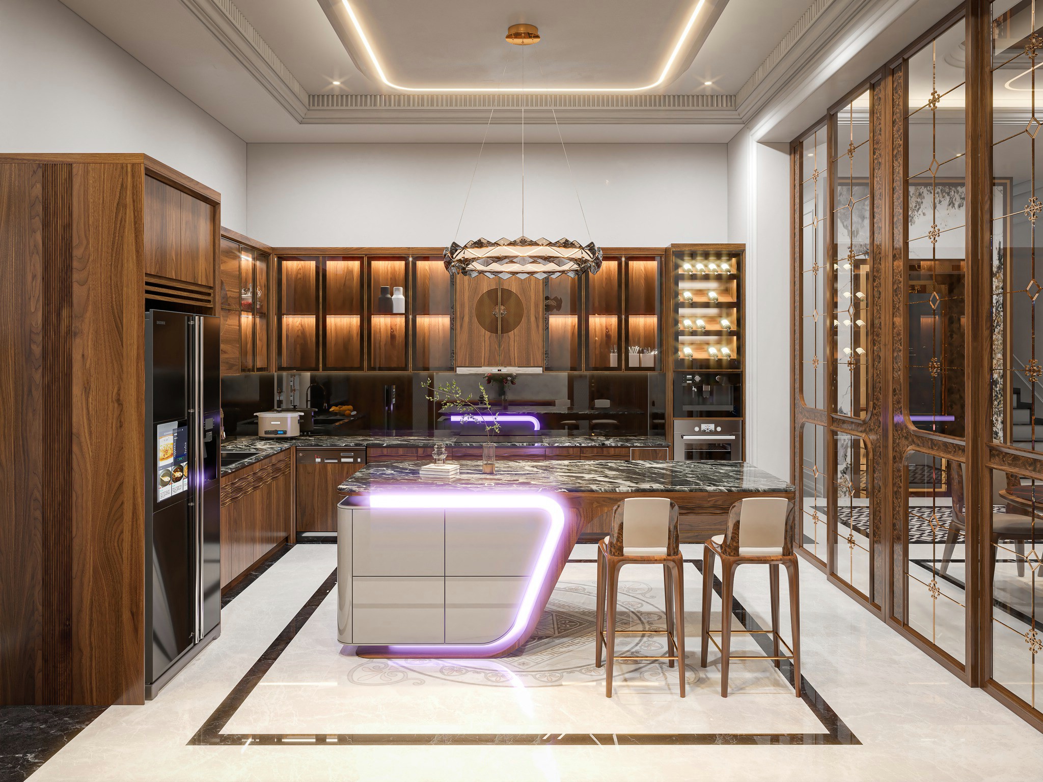 Mẫu thiết kế tủ bếp chữ L veneer óc chó khắc CNC lượn sóng