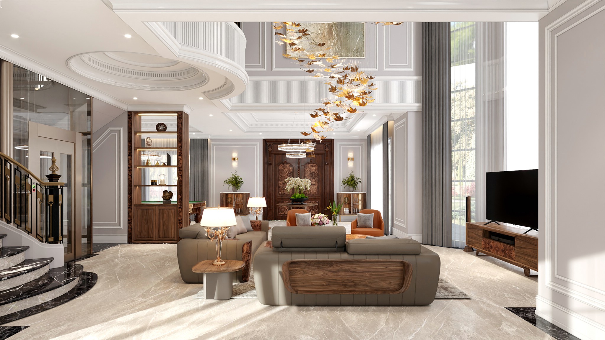 Mẫu trang trí phòng khách đẹp với nội thất gỗ óc chó và thiết kế thông tầng sang trọng