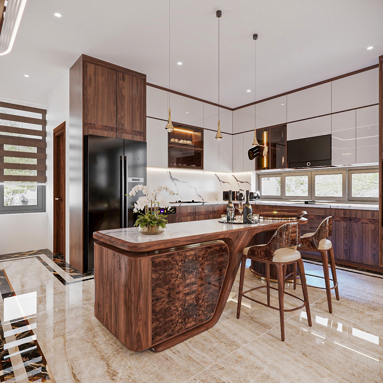 Mẫu tủ bếp bằng gỗ MDF chữ L hiện đại với acrylic trắng và laminate nâu trầm