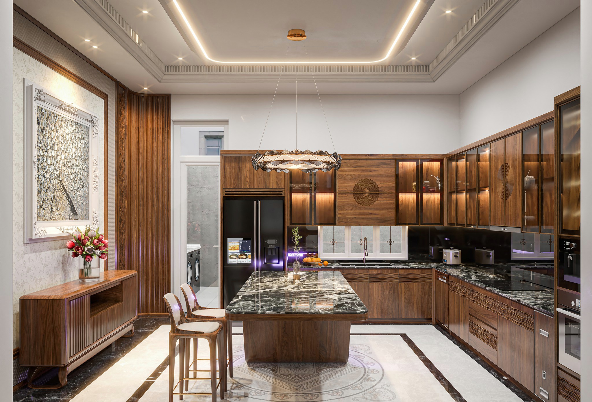 Mẫu tủ bếp chữ L gỗ tự nhiên gỗ óc chó cao cấp