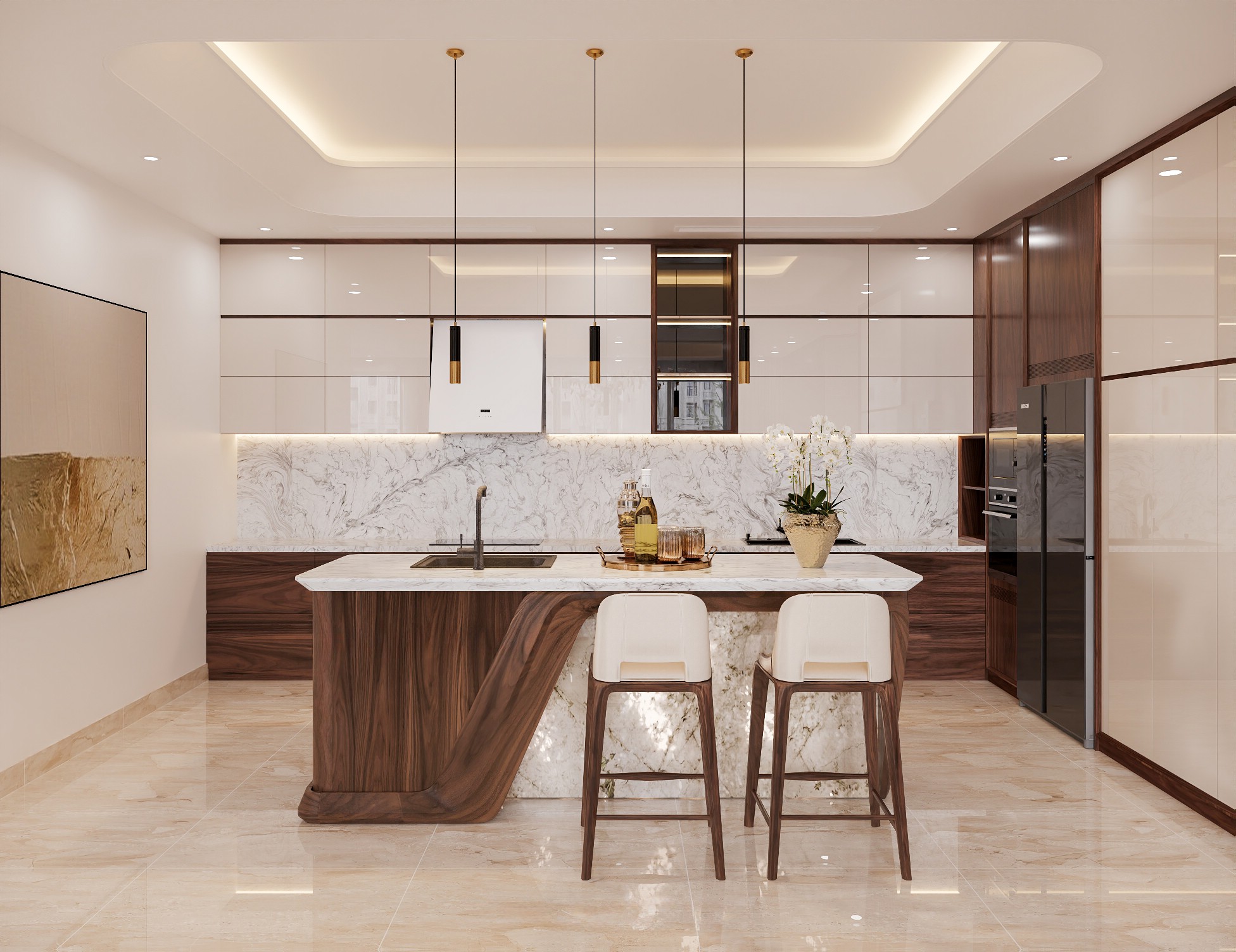 Mẫu tủ bếp chữ L nhỏ đẹp hiện đại với hệ tủ acrylic trắng và tủ dưới gỗ sồi nâu đậm