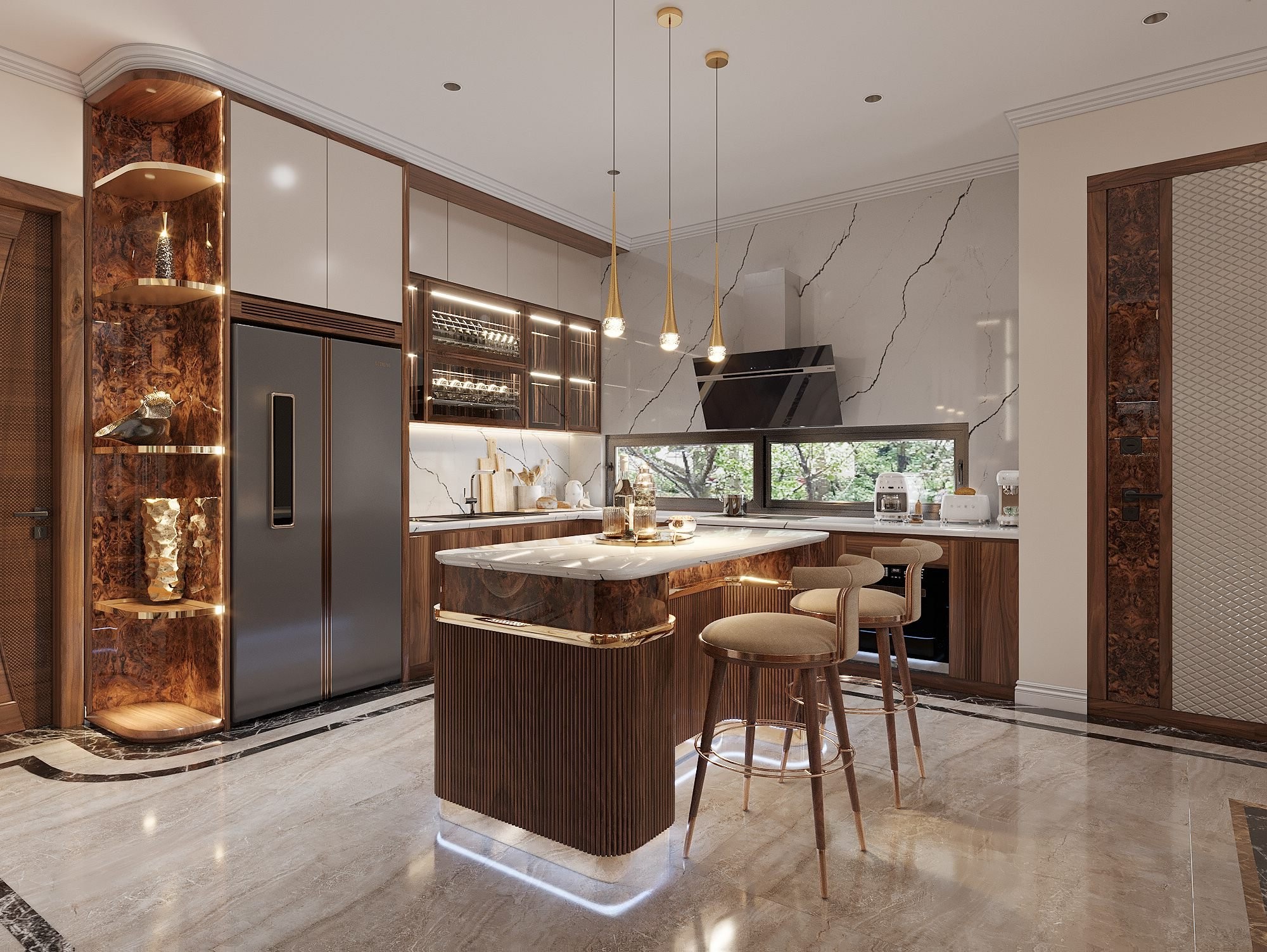 Mẫu tủ bếp đẹp hình chữ L hiện đại gỗ óc chó