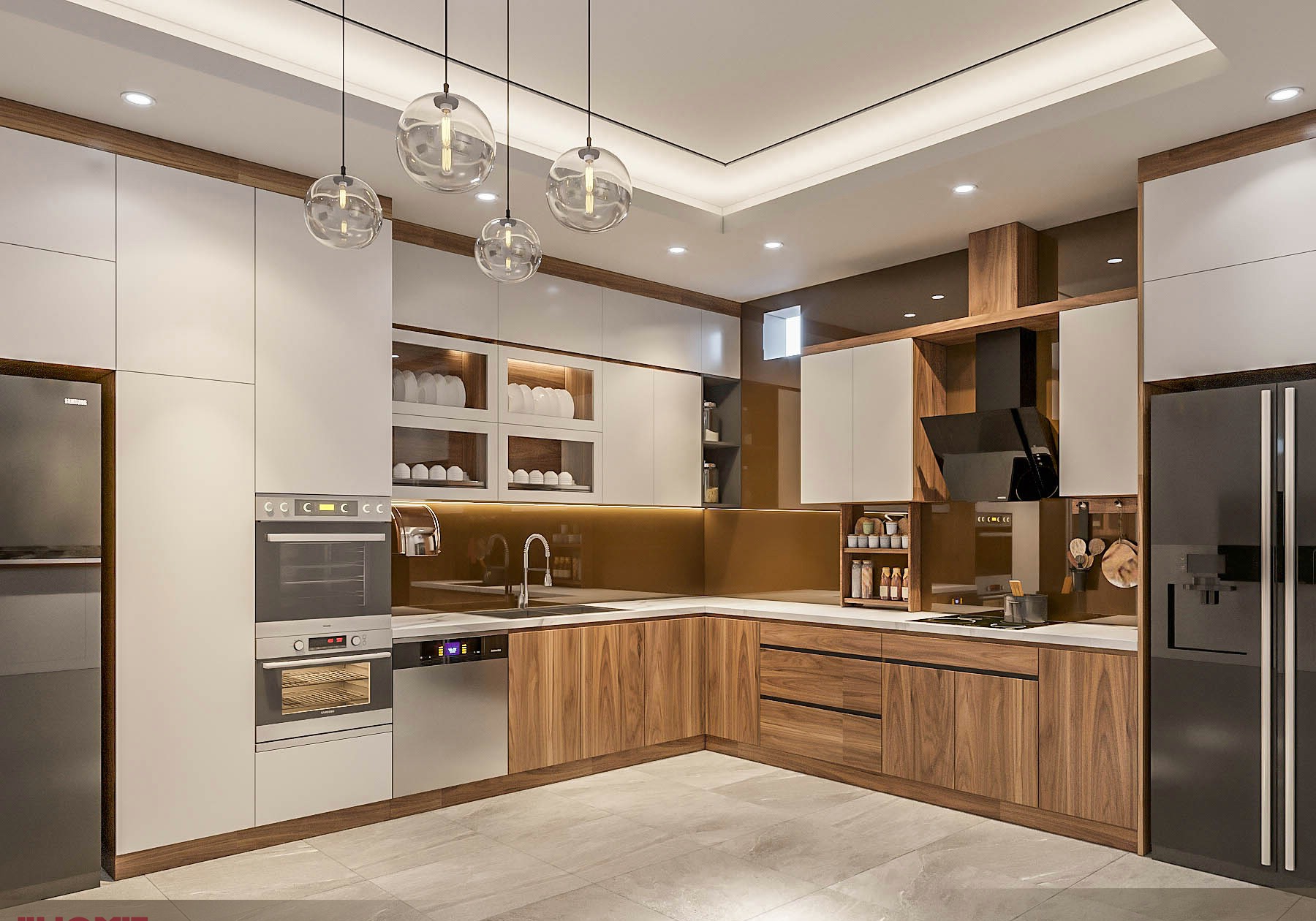 Mẫu tủ bếp đẹp hình chữ L gỗ óc chó và laminate trắng