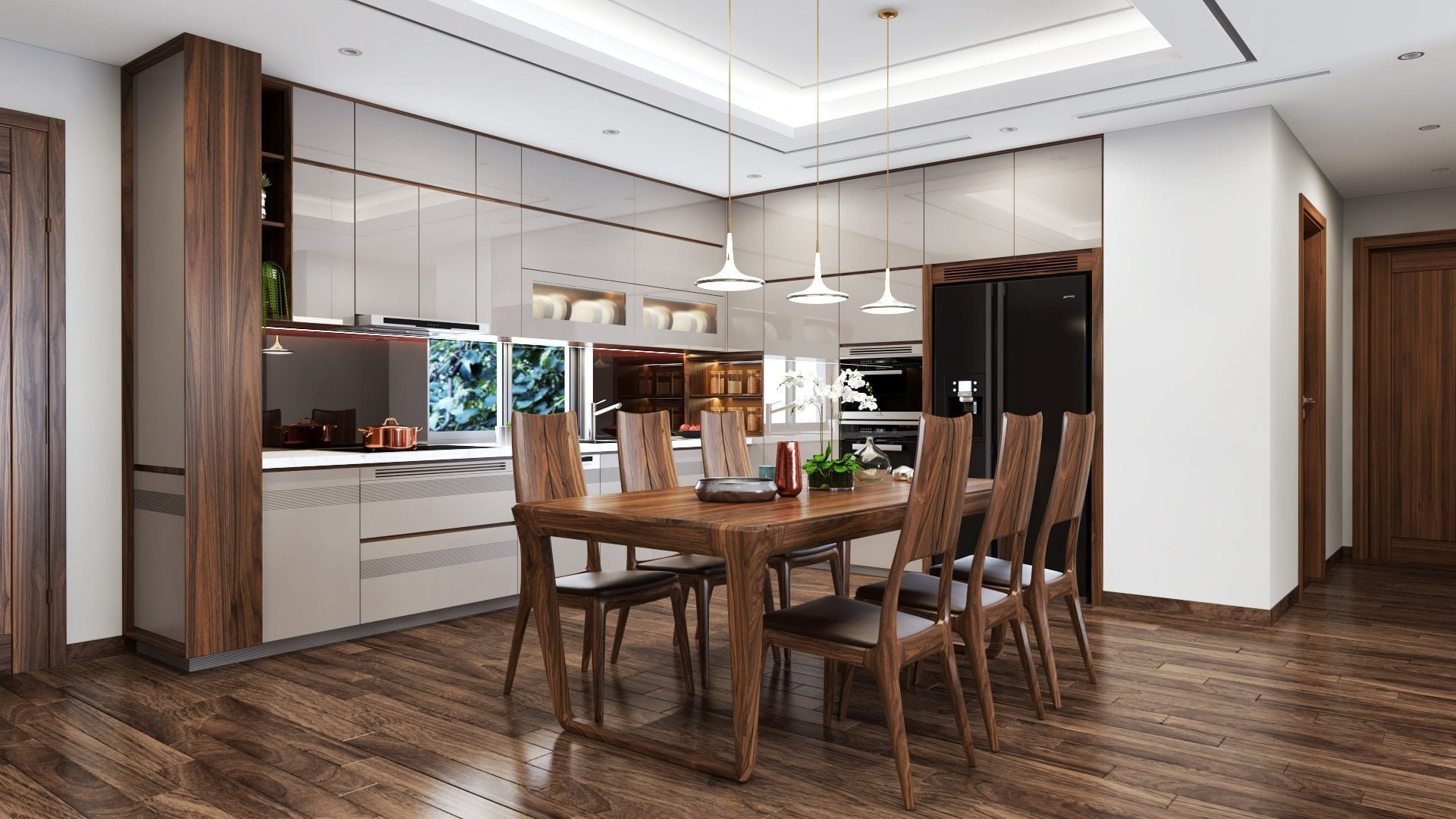 Mẫu tủ bếp gỗ chữ L đẹp acrylic trắng với mặt bàn đá hoa cương và tường bếp ốp gương đỏ rượu