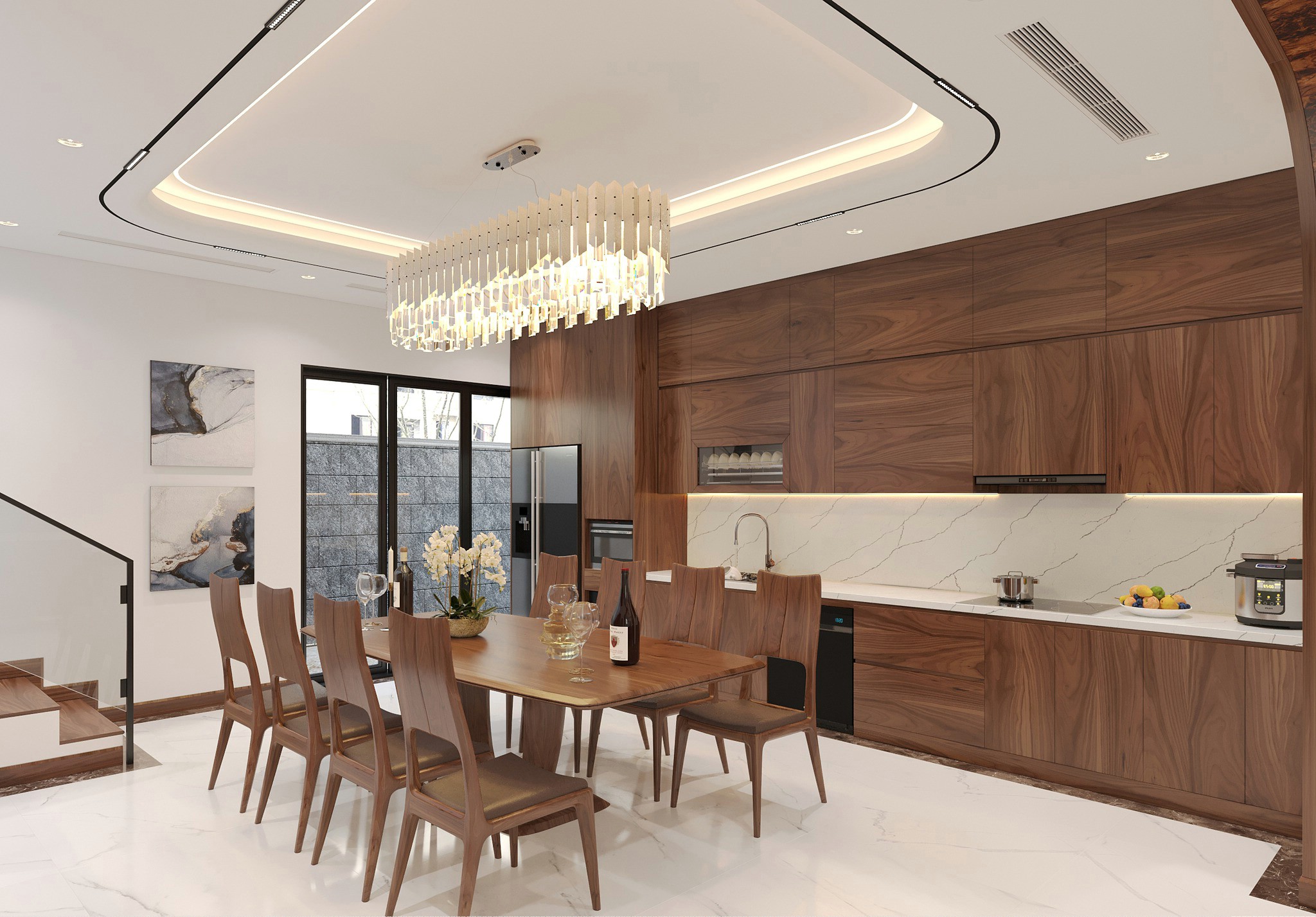 Mẫu tủ bếp gỗ công nghiệp chữ I MDF lõi xanh nhấn mở