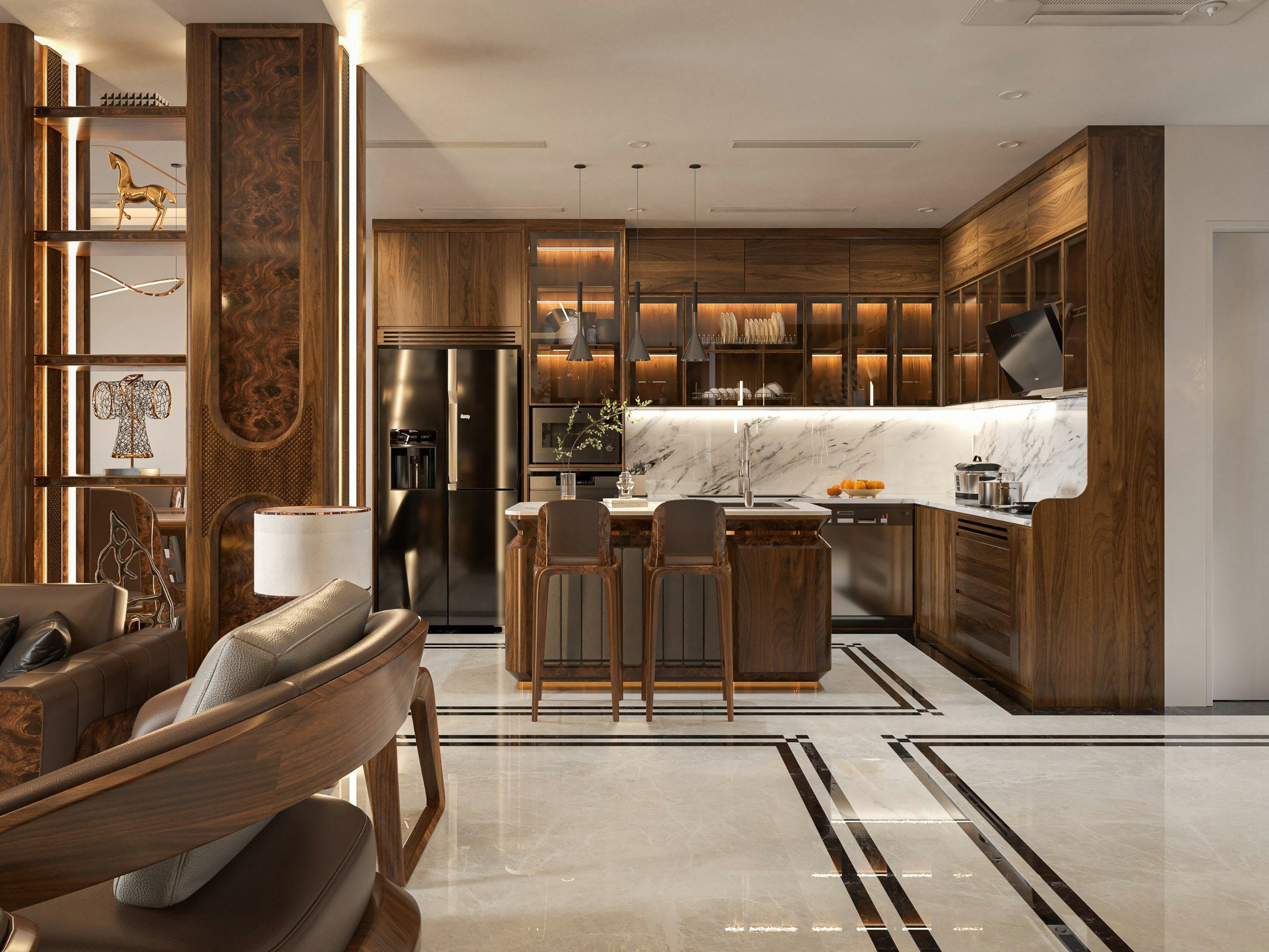 Mẫu tủ bếp gỗ đẹp chữ L gỗ óc chó kịch trần