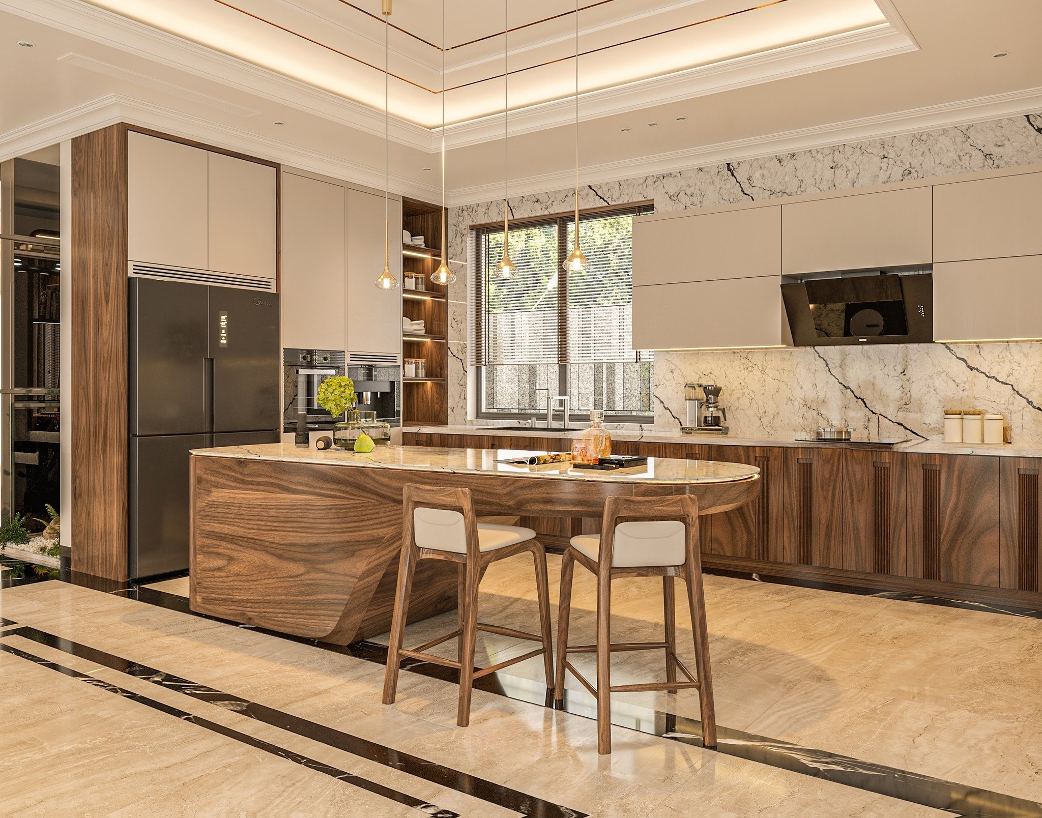 Mẫu tủ bếp gỗ đẹp hiện đại chữ L veneer óc chó