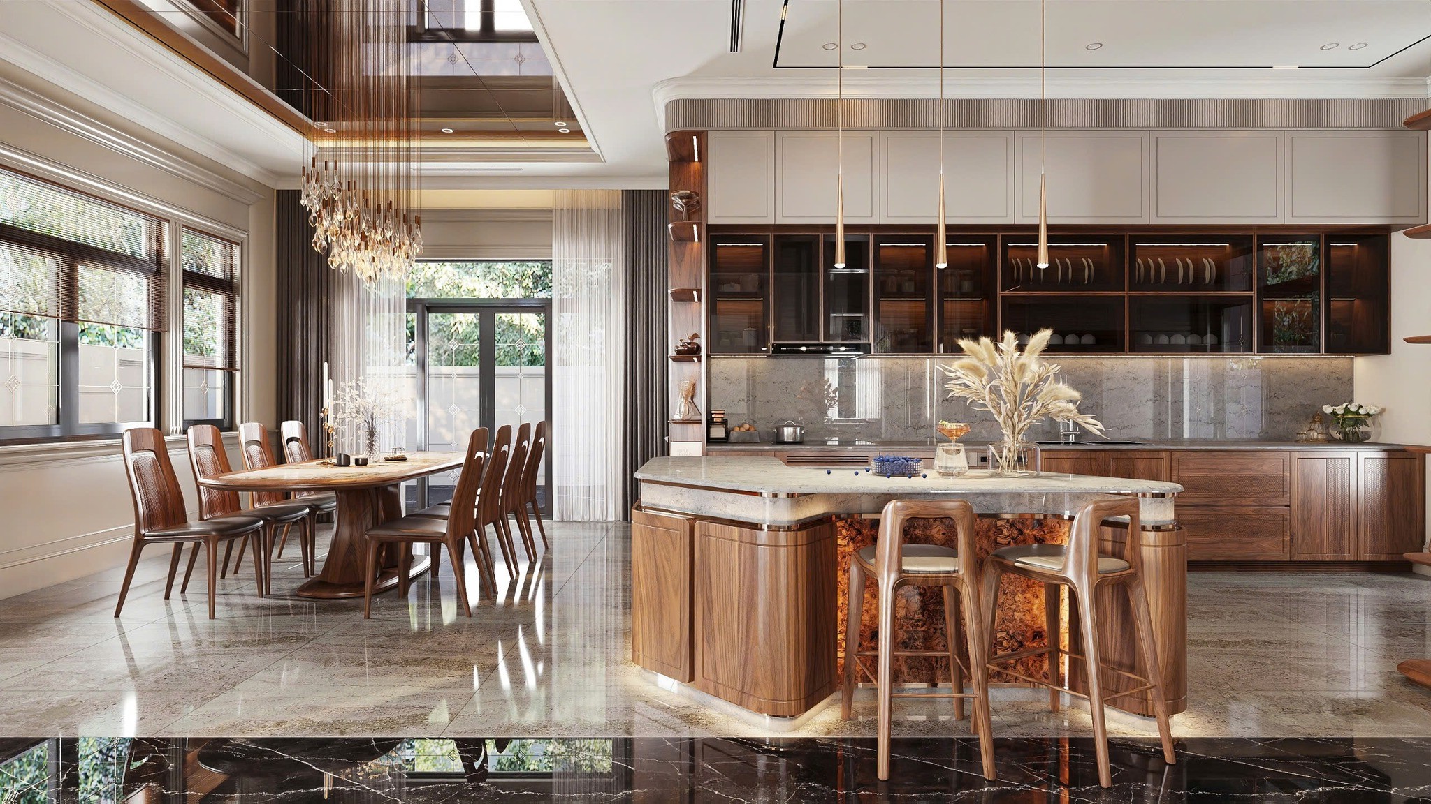 Mẫu tủ bếp gỗ tự nhiên chữ I gỗ óc chó thiết kế hiện đại