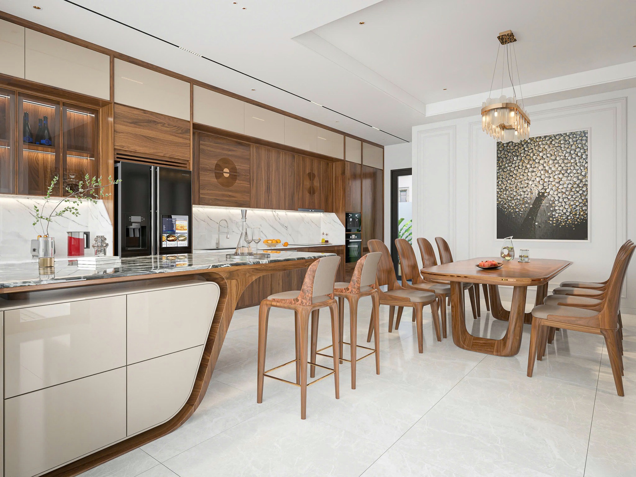 Mẫu tủ bếp gỗ chữ I cao kịch trần với cánh acrylic, MDF vân gỗ nâu và bàn đảo tích hợp ngăn kéo