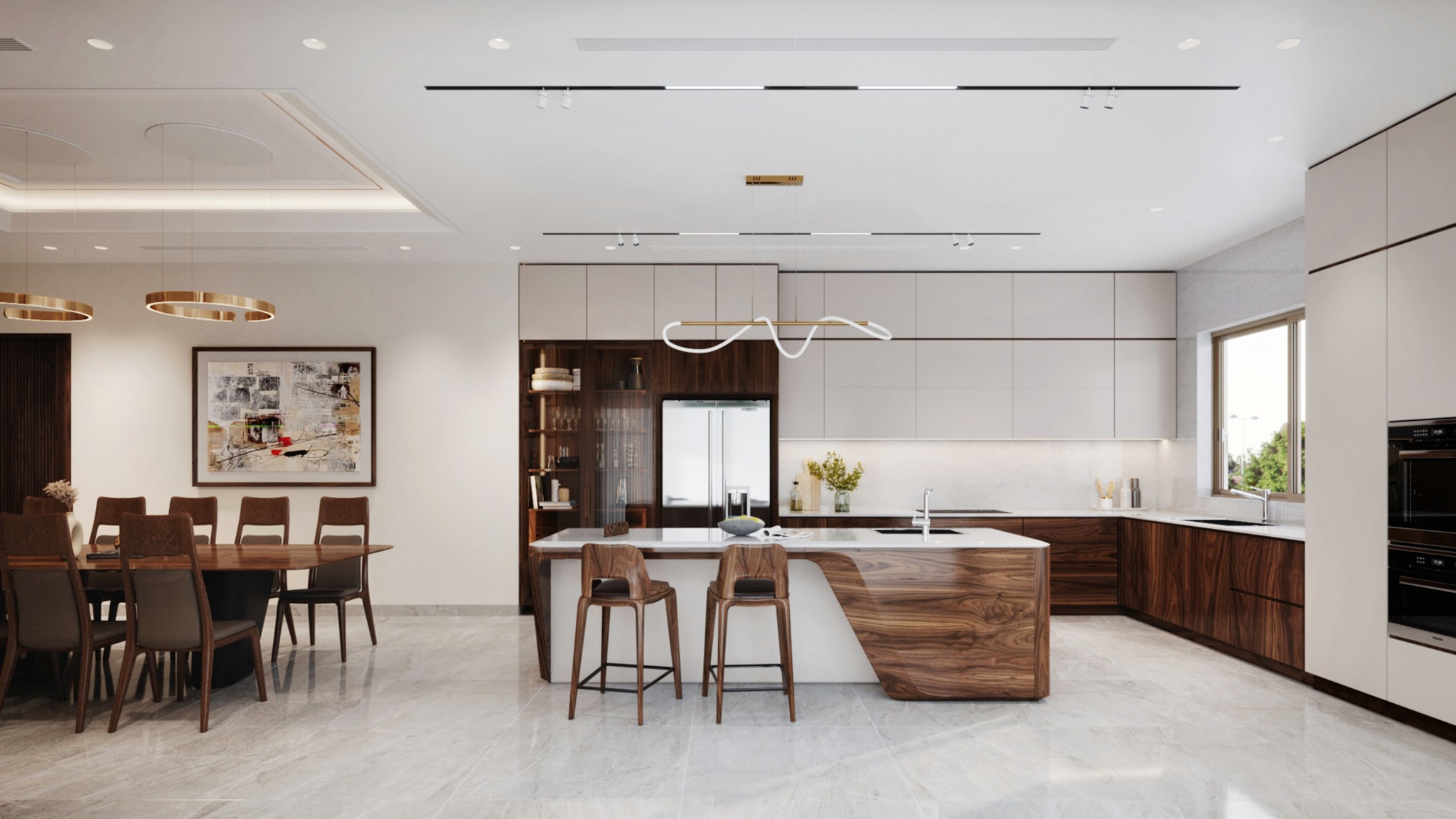 Mẫu tủ bếp hiện đại chữ L bằng gỗ công nghiệp MDF và gỗ óc chó tự nhiên