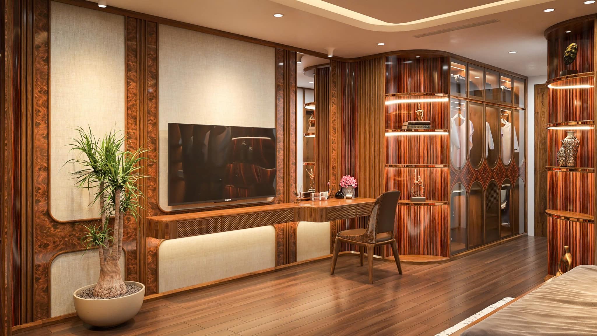 Mẫu tủ quần áo đẹp bằng gỗ công nghiệp phủ laminate với cánh kính vòm cung hiện đại