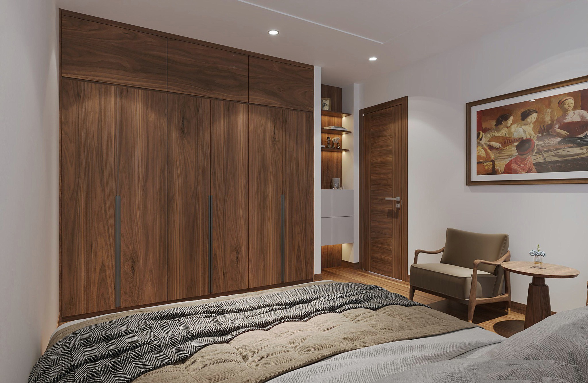 Mẫu tủ quần áo gỗ tự nhiên 5 cánh gỗ óc chó âm tường