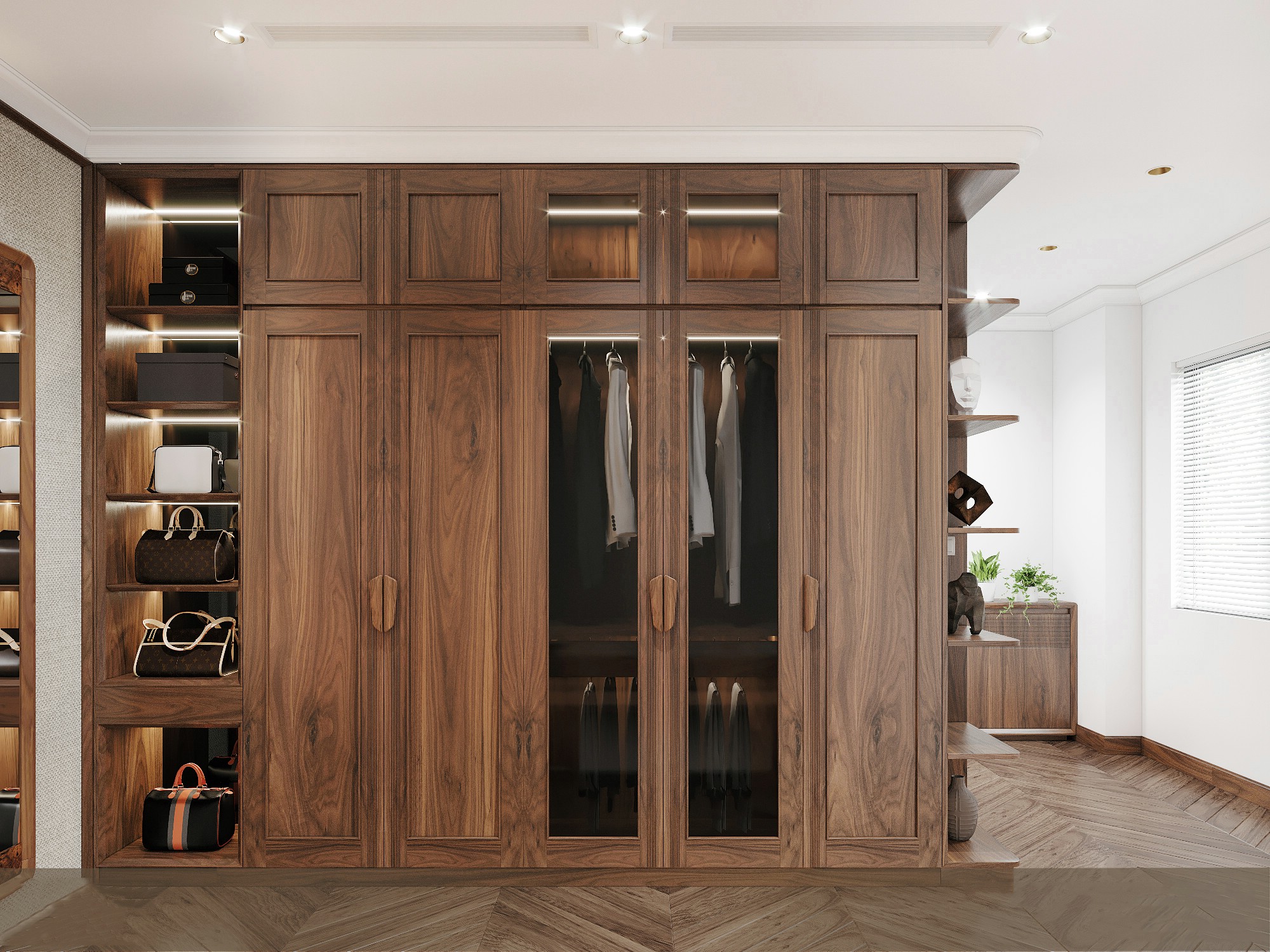 Mẫu tủ quần áo gỗ tự nhiên 6 cánh cao kịch trần với cánh kính viền gỗ