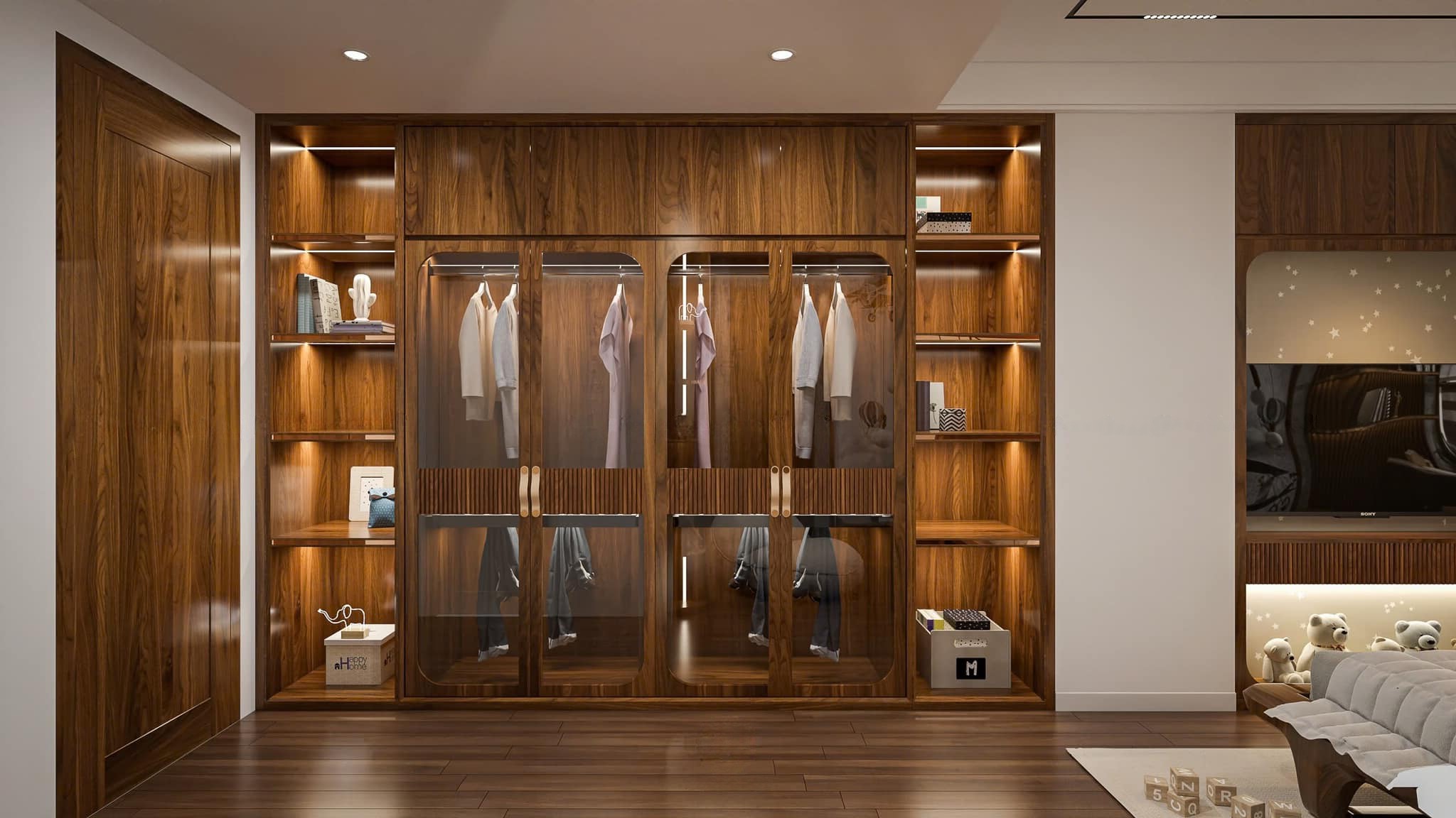 Mẫu tủ quần áo gỗ tự nhiên hiện đại chữ I âm tường với cánh kính và kệ trang trí