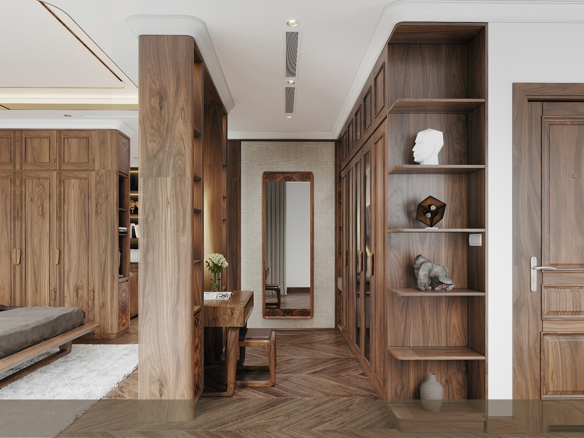 Mẫu tủ quần áo gỗ gỗ óc chó cao kịch trần chữ I