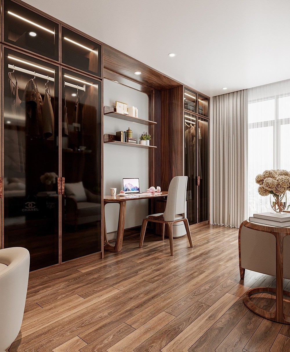 Mẫu tủ quần áo kết hợp bàn trang điểm hiện đại chất liệu gỗ MDF phủ laminate nâu đậm