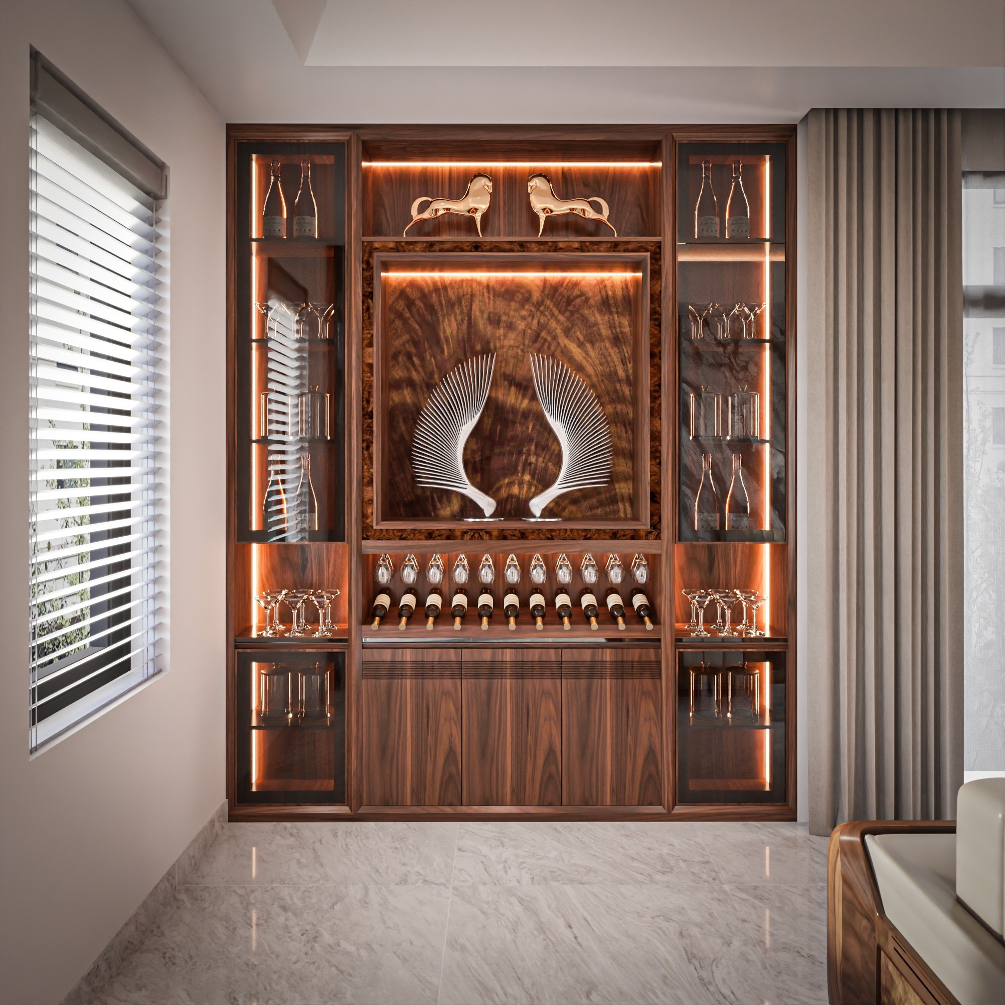 Mẫu tủ rượu gỗ tự nhiên cao cấp âm tường hiện đại sang trọng