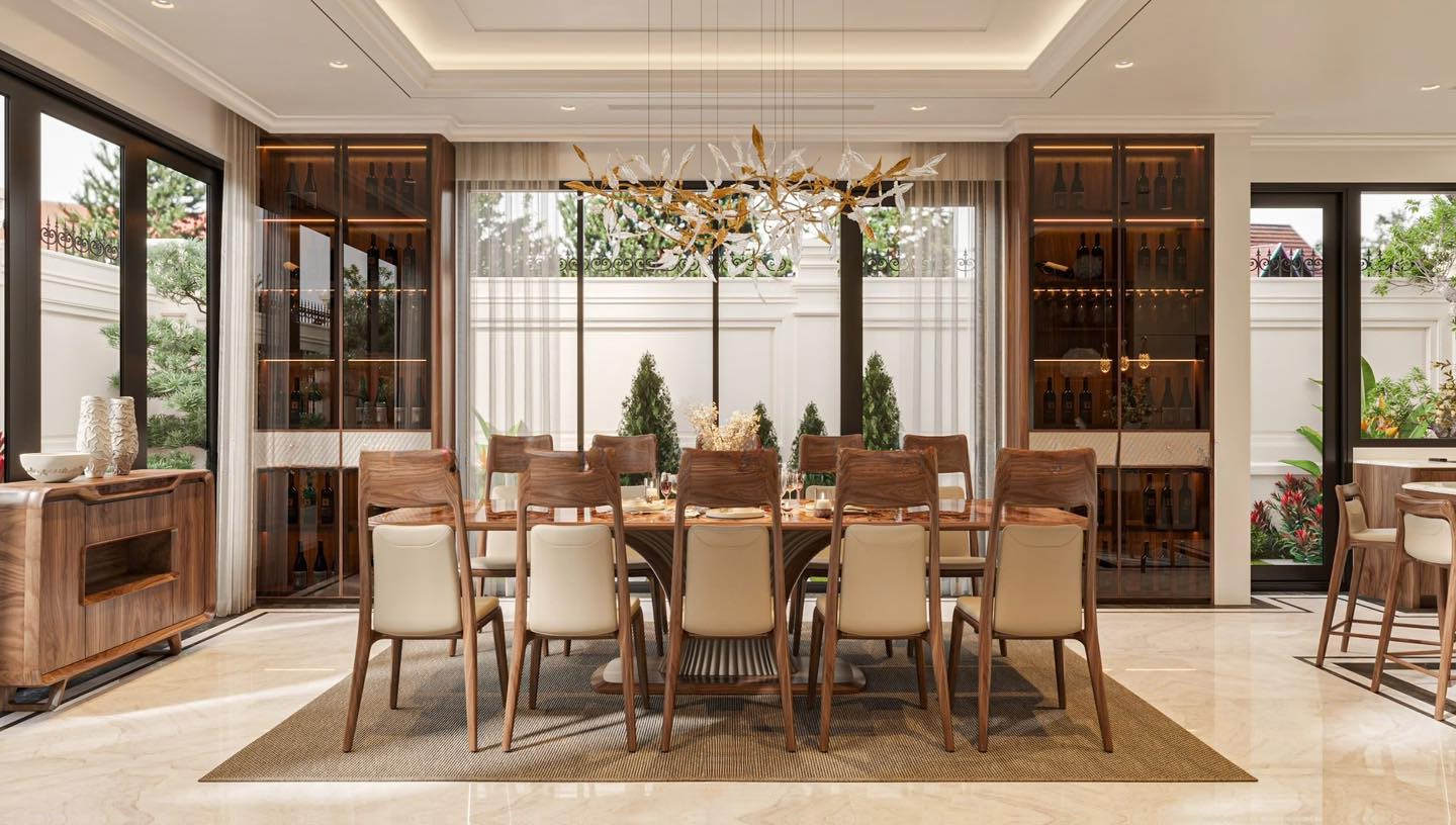 Mẫu tủ rượu phòng bếp gỗ tự nhiên cao kịch trần với cánh kính và ngăn kéo bọc da