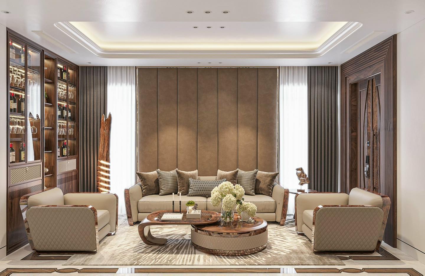 Mẫu tủ rượu phòng khách âm tường gỗ óc chó