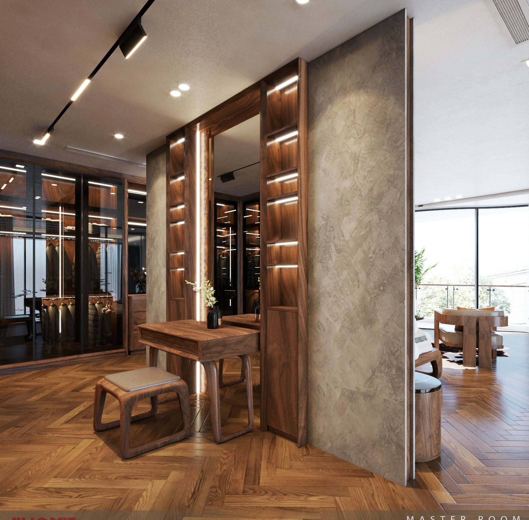 Mẫu vách ngăn phòng ngủ – phòng thay đồ tích hợp bàn trang điểm và kệ mỹ phẩm