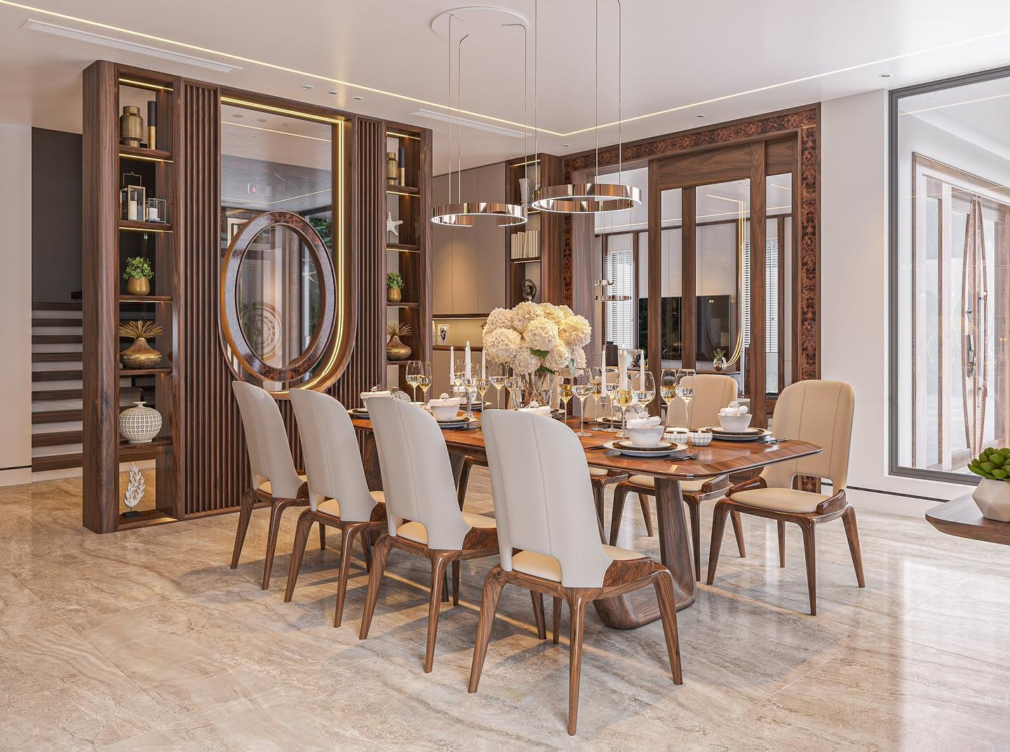 Mẫu vách ngăn phòng khách và phòng ăn hiện đại bằng gỗ veneer óc chó