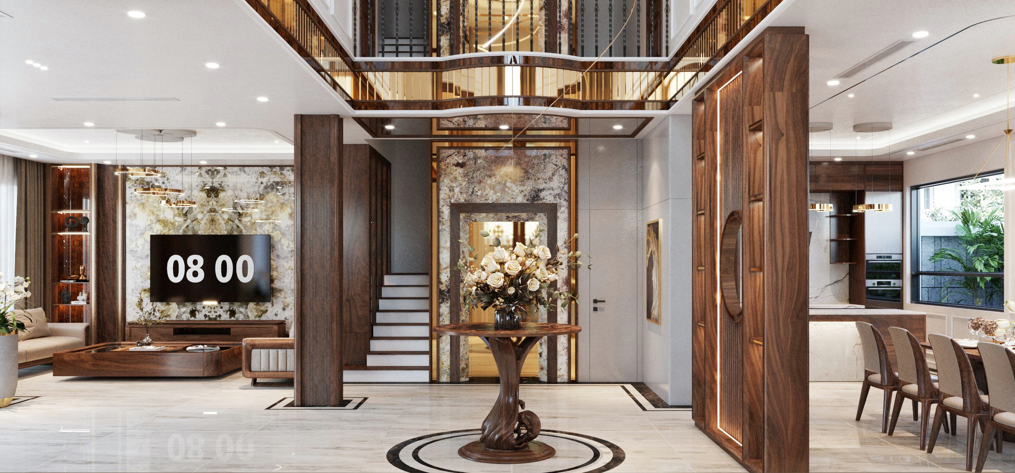 Mẫu vách ngăn gỗ óc chó cao kịch trần với lam sóng, kệ mở hai bên và ô trang trí tròn