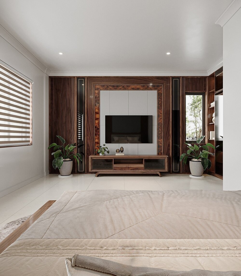 Mẫu kệ tivi hiện đại đẹp bằng gỗ veneer óc chó sẫm màu