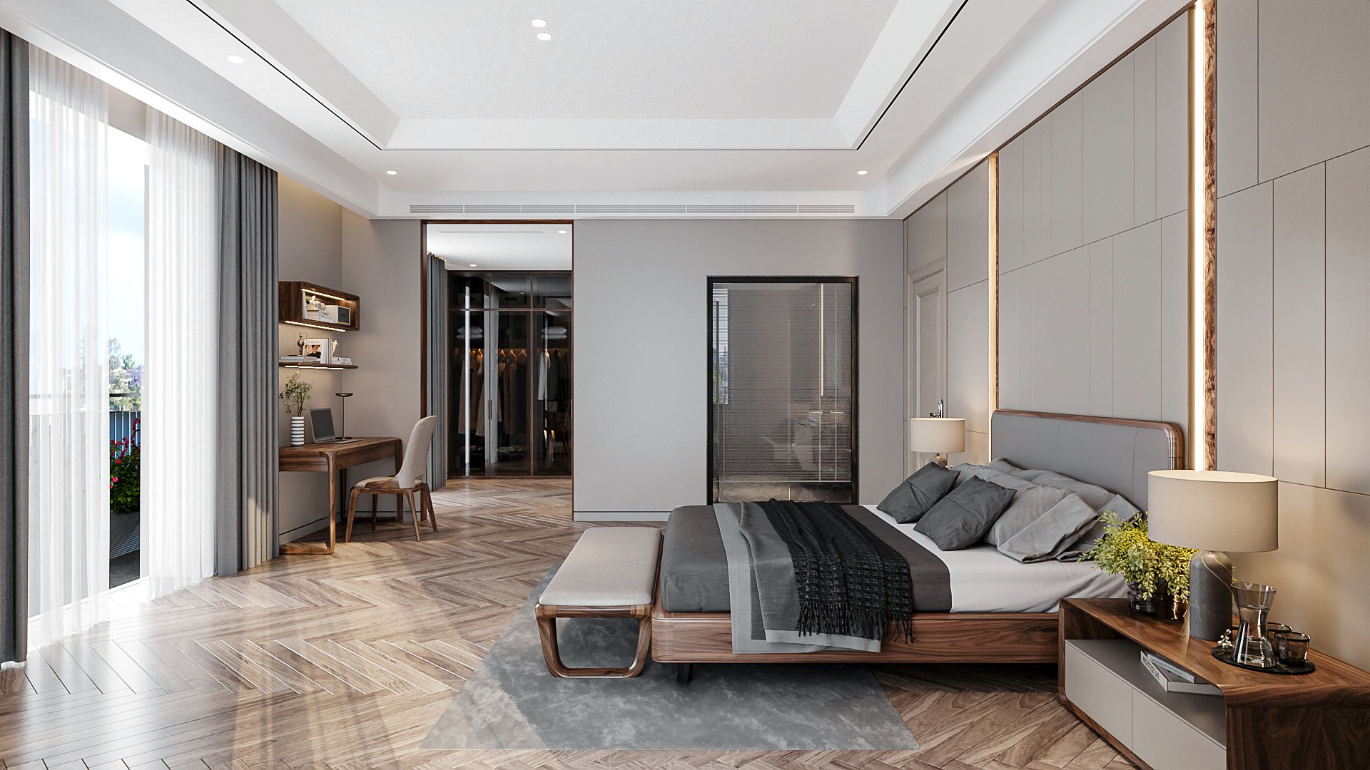 Nội thất phòng ngủ chung cư hiện đại với gỗ óc chó sang trọng