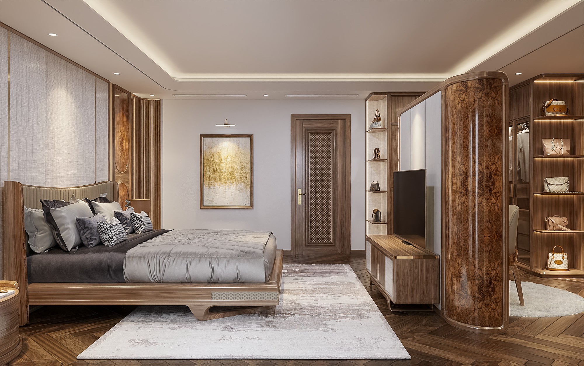 Nội thất giường ngủ gỗ sồi tự nhiên với tựa đầu cao bọc da be đậm kẻ sọc dọc