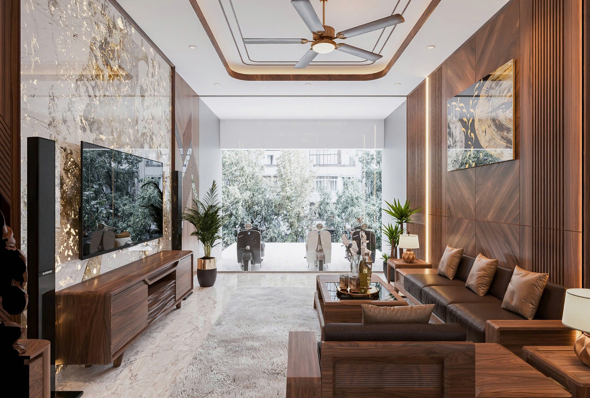 nội thất nhà phố đẹp hiện đại phòng khách gỗ óc chó sofa da nâu socola kệ tivi CNC