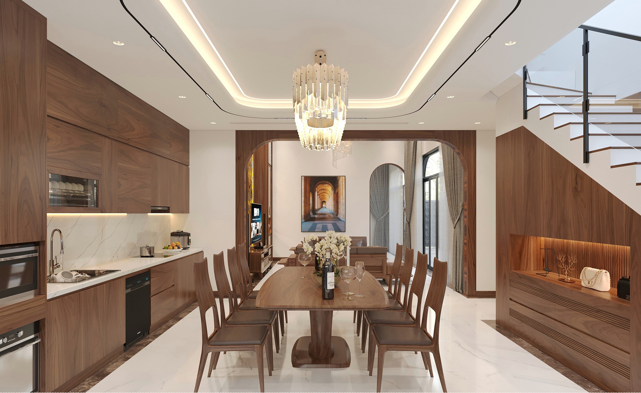 Nội thất nhà phố gỗ óc chó hiện đại và tinh tế