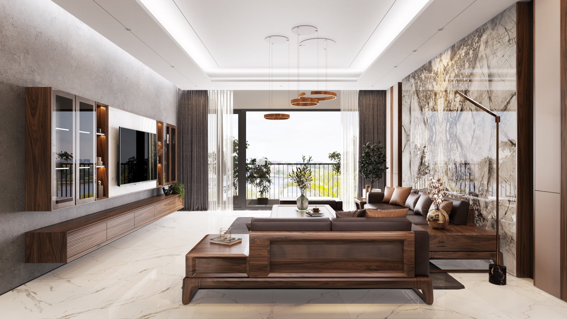 Nội thất phòng khách chung cư đẹp với bàn ghế gỗ và kệ tivi treo tường hiện đại