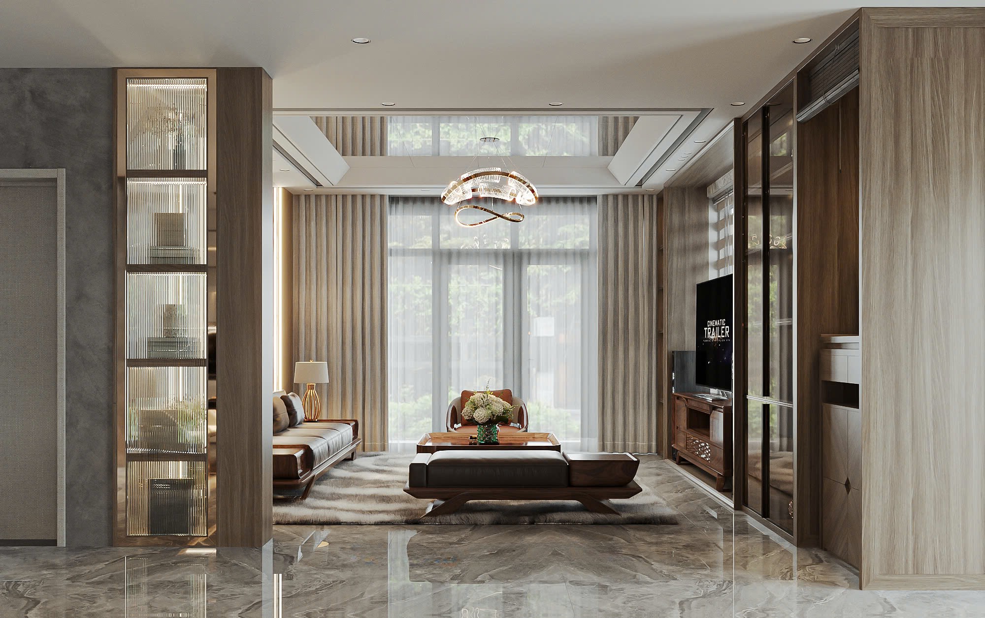 Nội thất phòng khách chung cư gỗ óc chó bố cục trung tâm