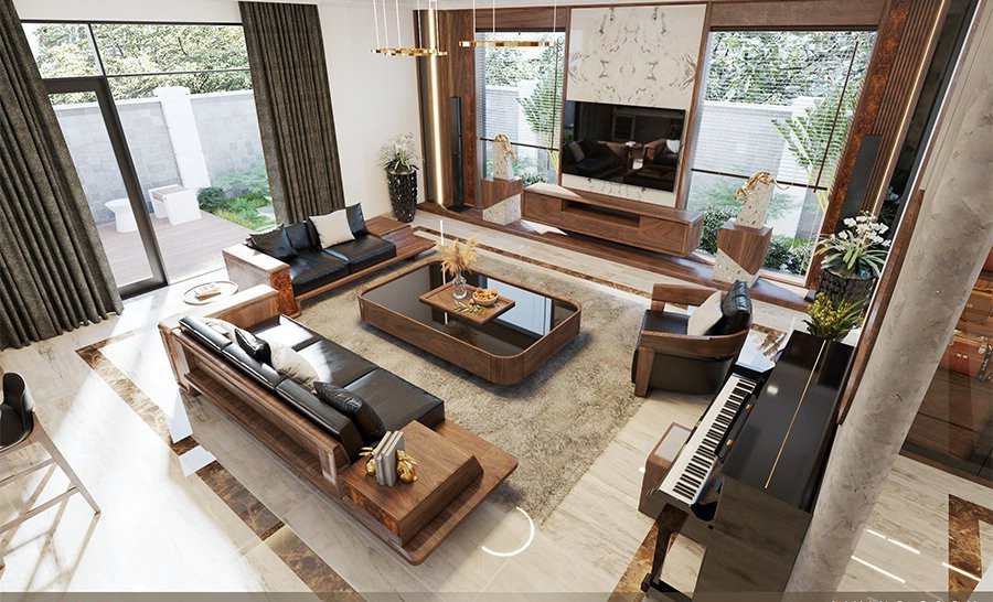 Nội thất phòng khách đẹp với chất liệu gỗ óc chó và da cao cấp